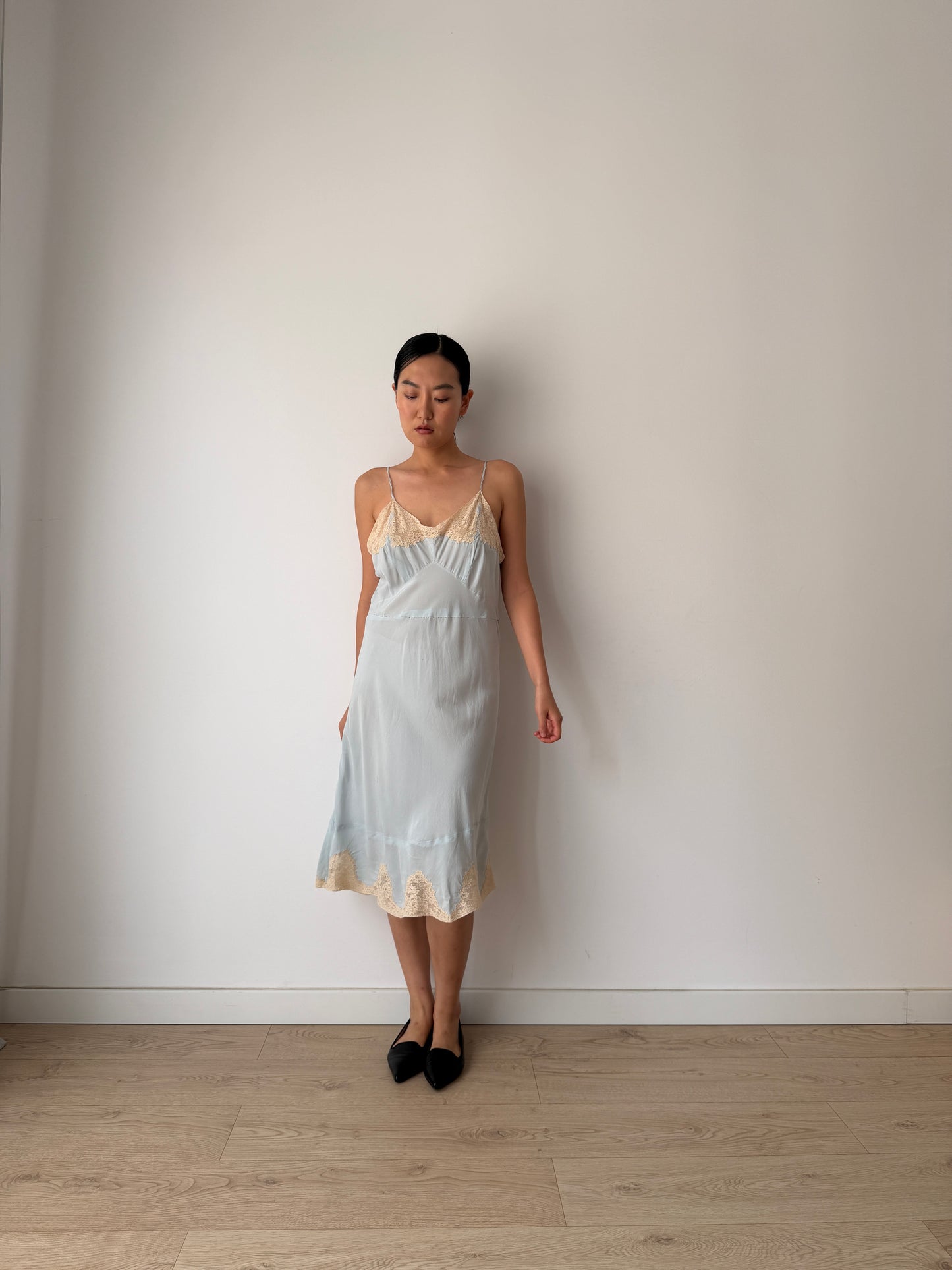 1930s Pastel Blue Silk Lace Slip Dress, Floral Embroidered Camisole Nightdress