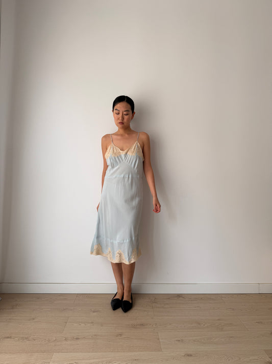 1930s Pastel Blue Silk Lace Slip Dress, Floral Embroidered Camisole Nightdress