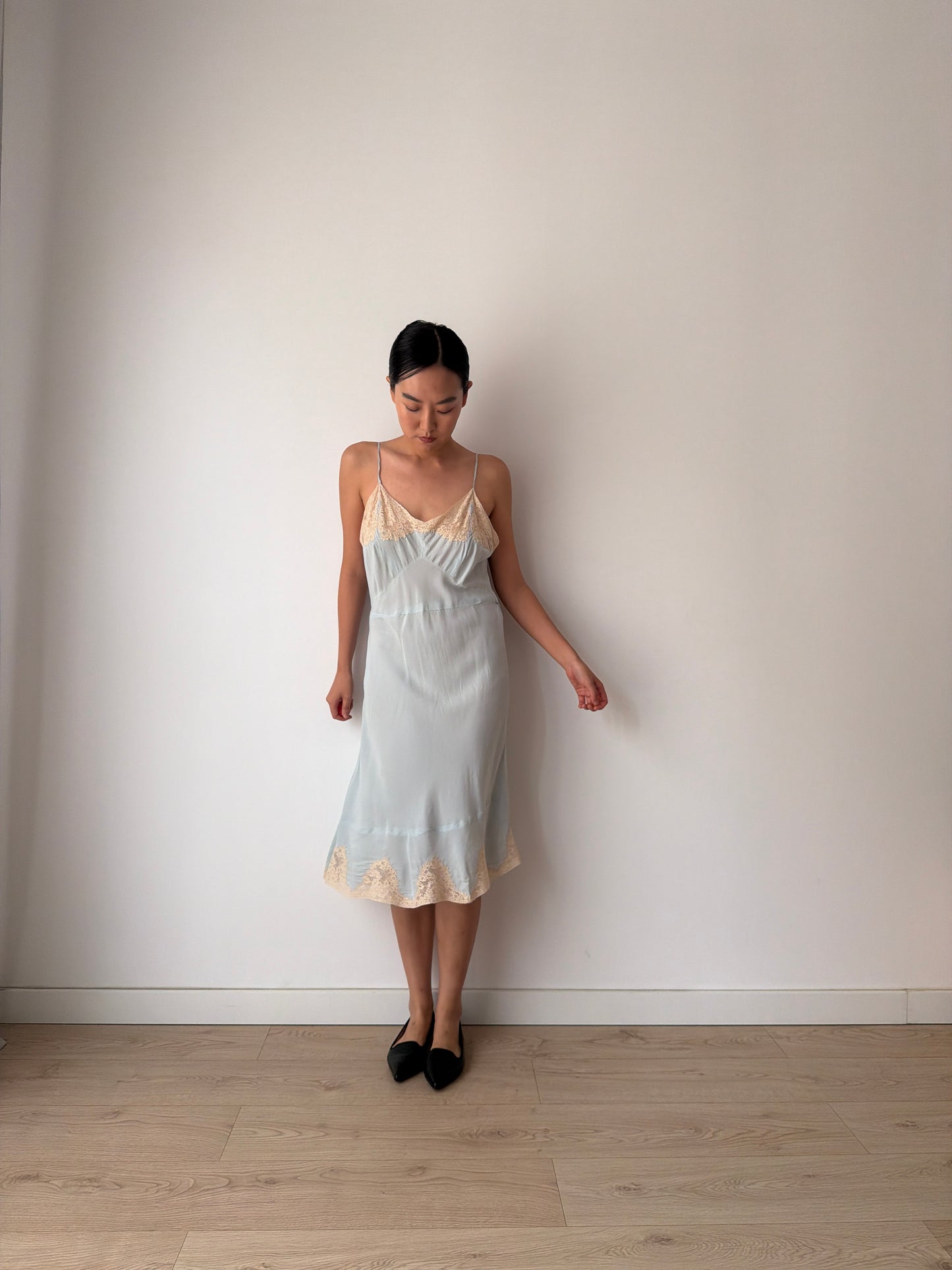 1930s Pastel Blue Silk Lace Slip Dress, Floral Embroidered Camisole Nightdress
