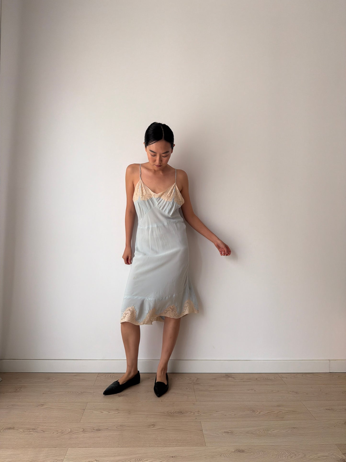 1930s Pastel Blue Silk Lace Slip Dress, Floral Embroidered Camisole Nightdress
