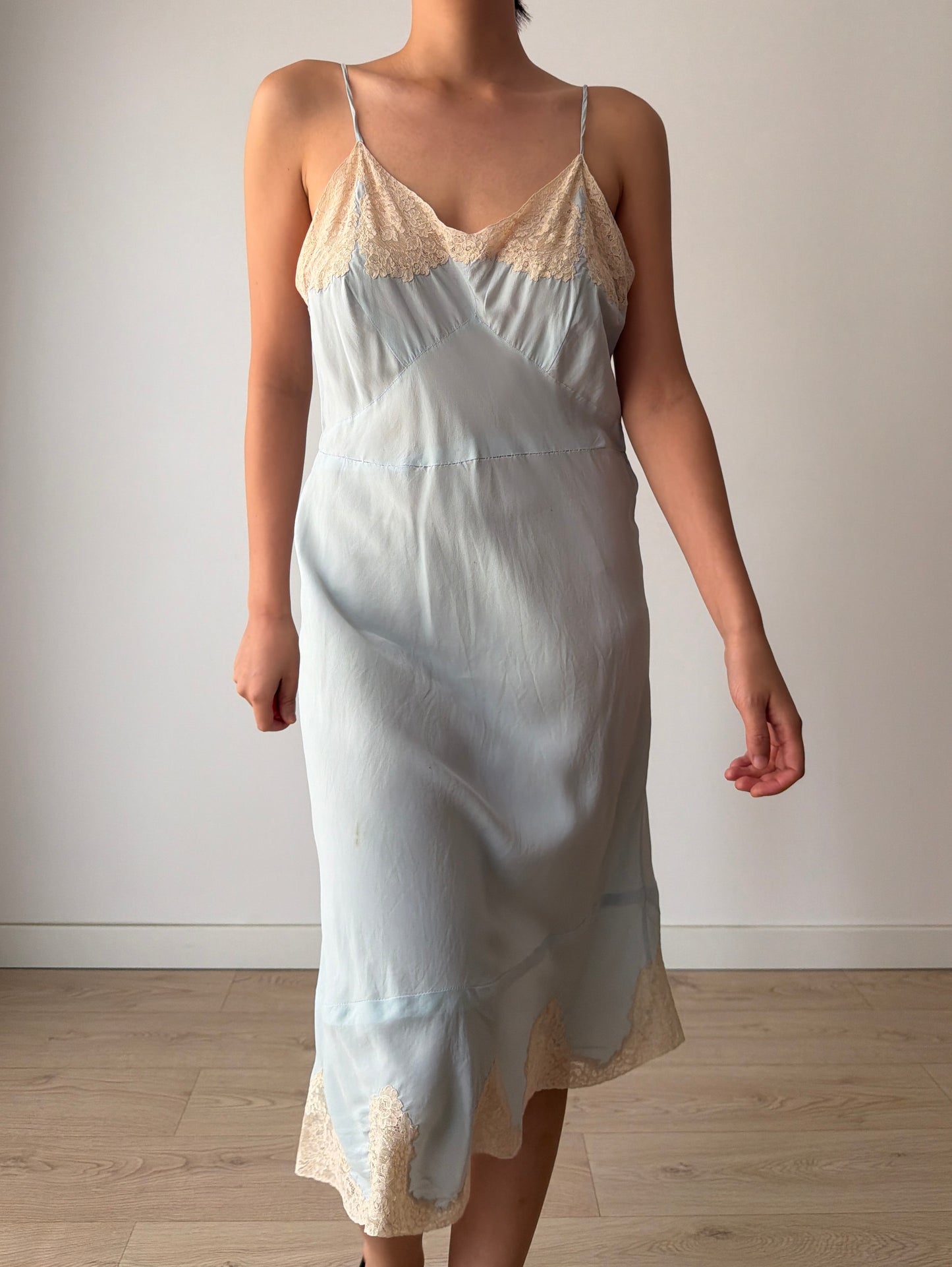 1930s Pastel Blue Silk Lace Slip Dress, Floral Embroidered Camisole Nightdress