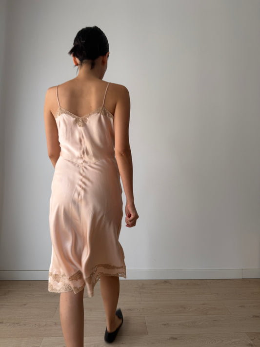 1930s Peach Pink Lace Pure Silk French Applique Lace Camisole, 30s Slip Dress
