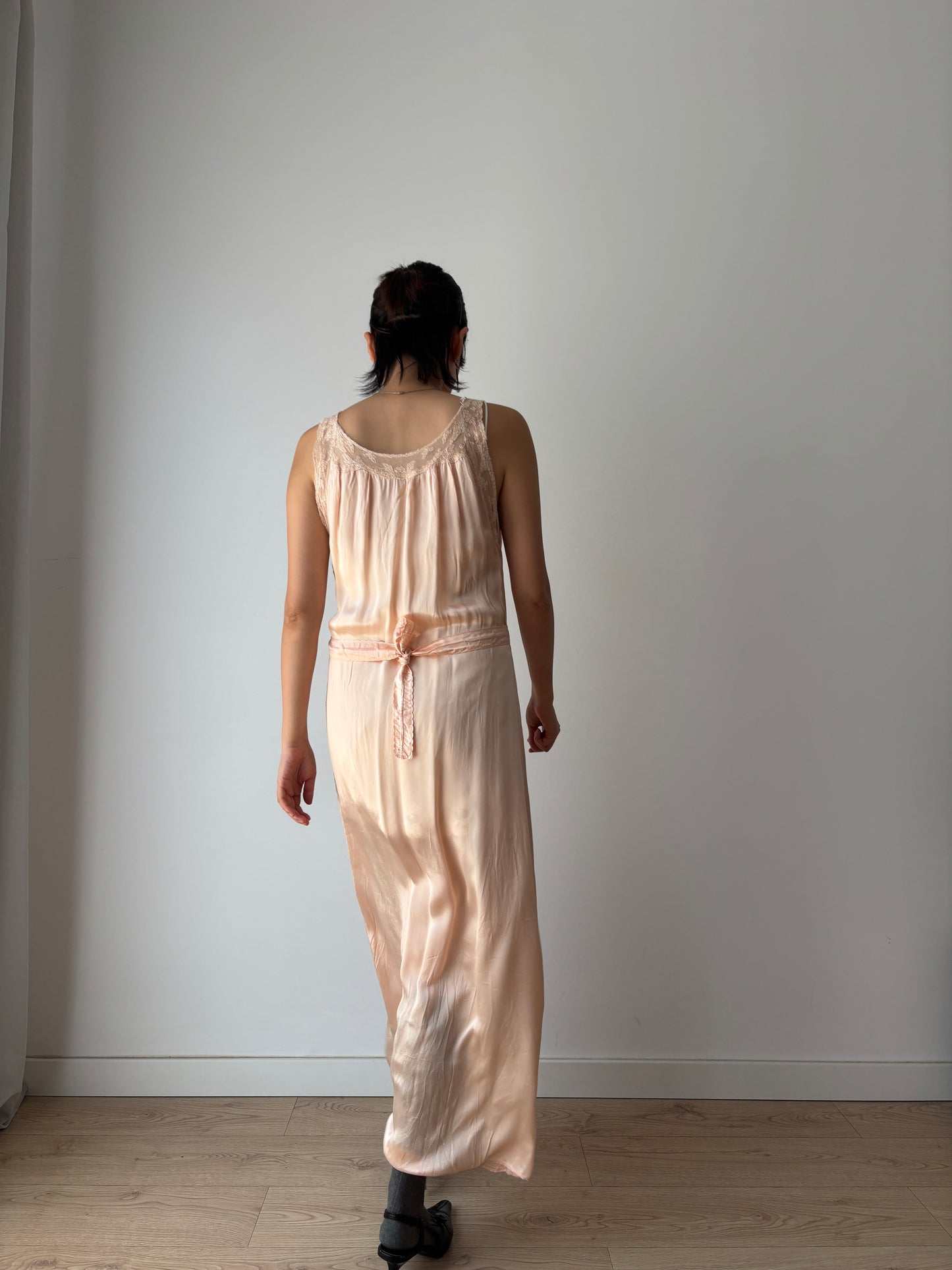 1940s pale pink liquid pure silk satin straight cut nightgown maxi lingerie dress