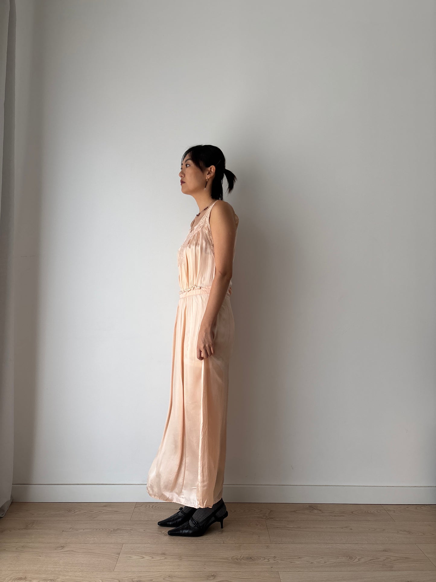 1940s pale pink liquid pure silk satin straight cut nightgown maxi lingerie dress