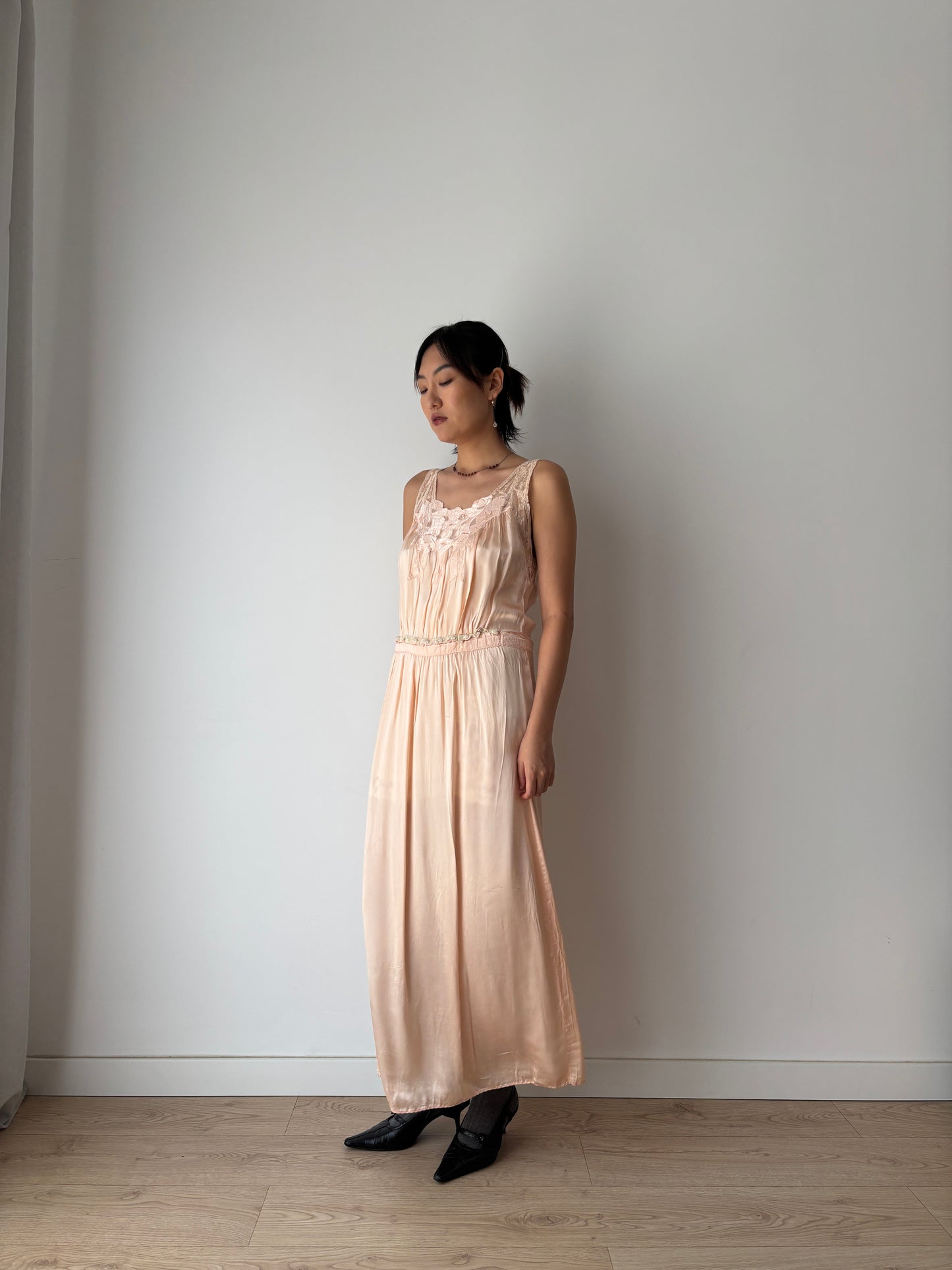 1940s pale pink liquid pure silk satin straight cut nightgown maxi lingerie dress