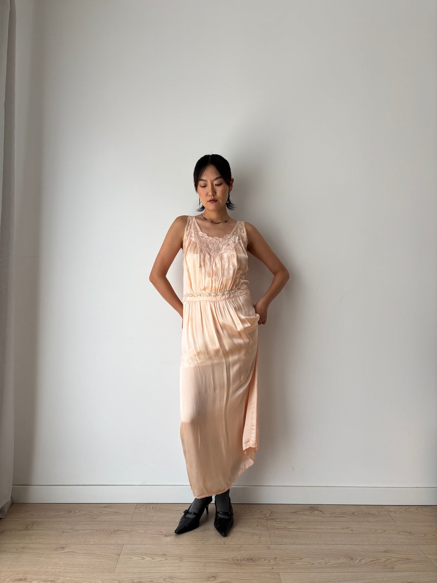 1940s pale pink liquid pure silk satin straight cut nightgown maxi lingerie dress