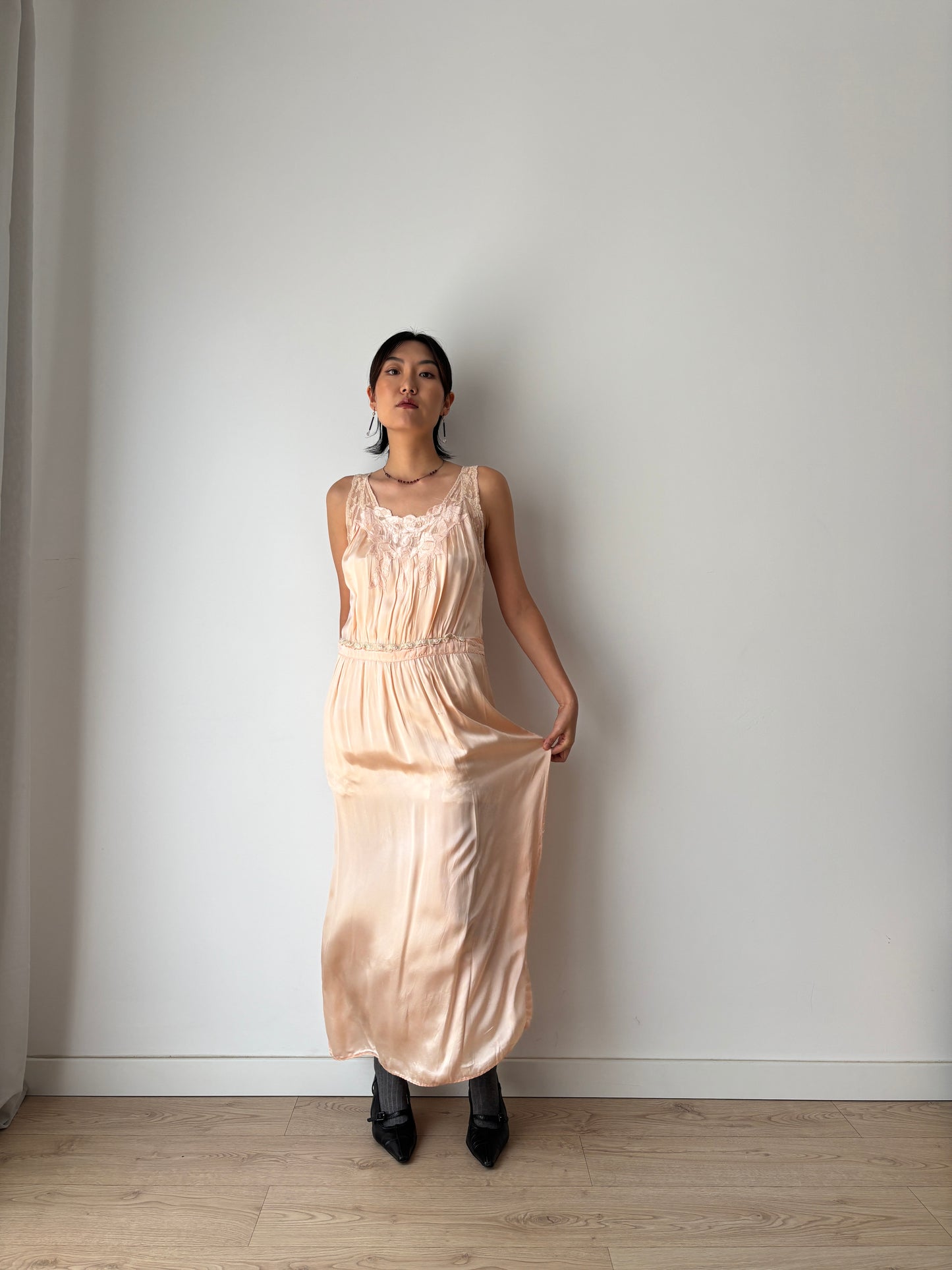 1940s pale pink liquid pure silk satin straight cut nightgown maxi lingerie dress