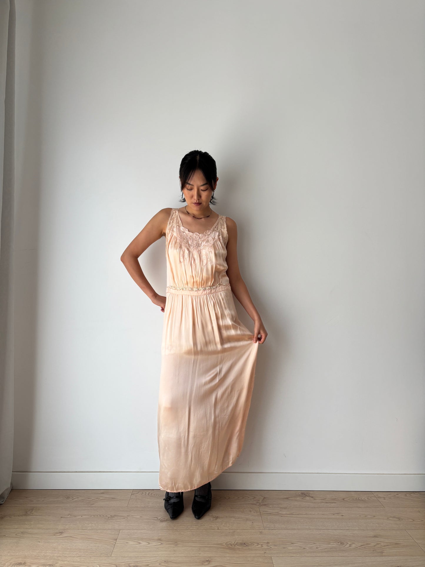 1940s pale pink liquid pure silk satin straight cut nightgown maxi lingerie dress