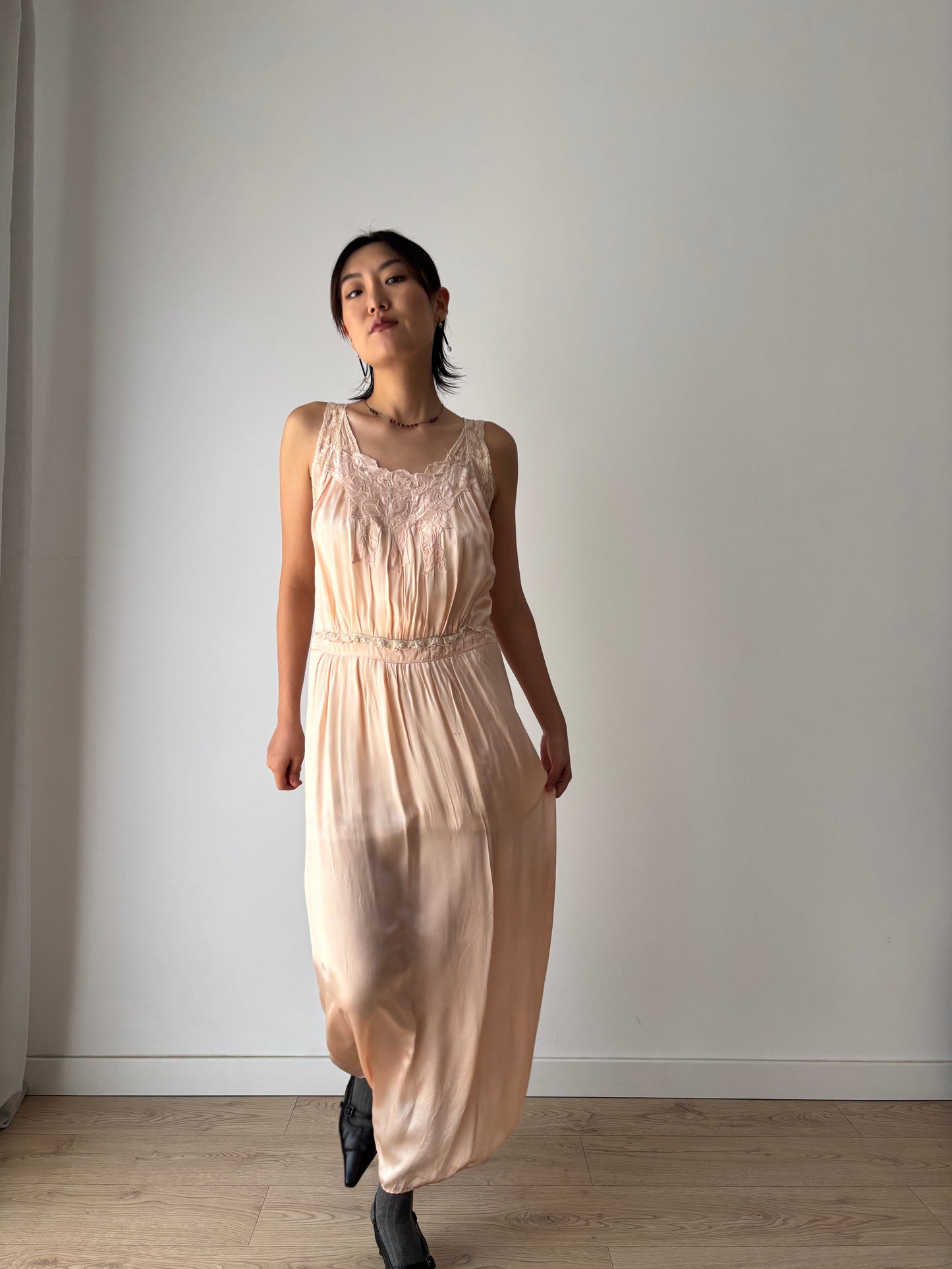 1940s pale pink liquid pure silk satin straight cut nightgown maxi lingerie dress