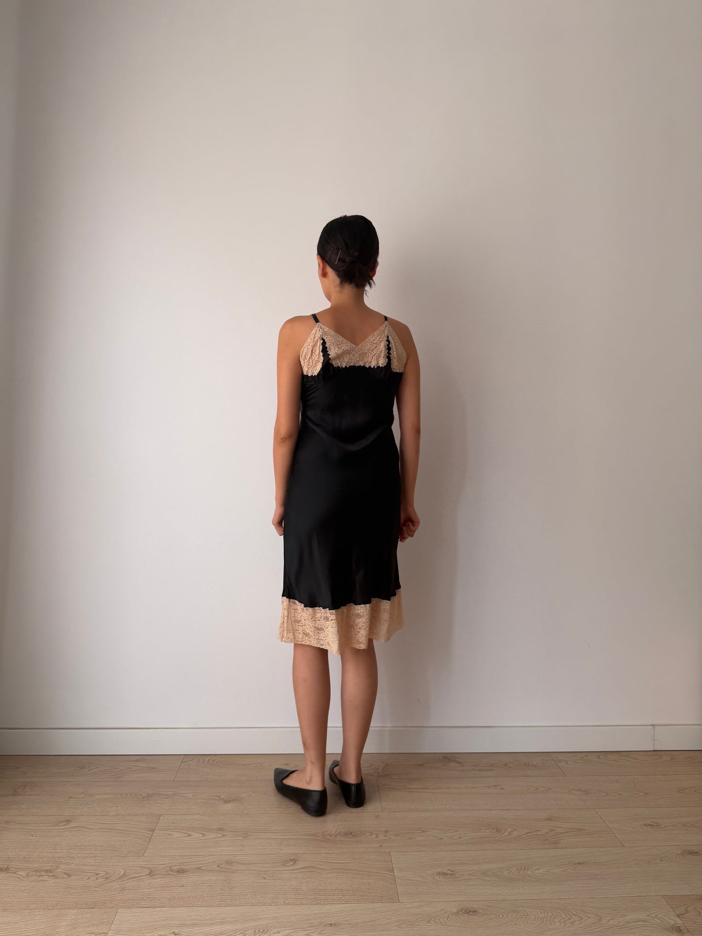 1930s Black Silk In Satin Lace Slip Dress, Vintage Mini Lingerie