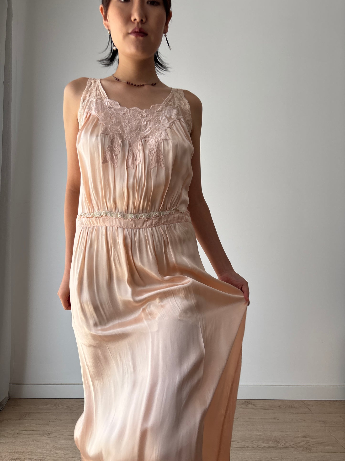 1940s pale pink liquid pure silk satin straight cut nightgown maxi lingerie dress