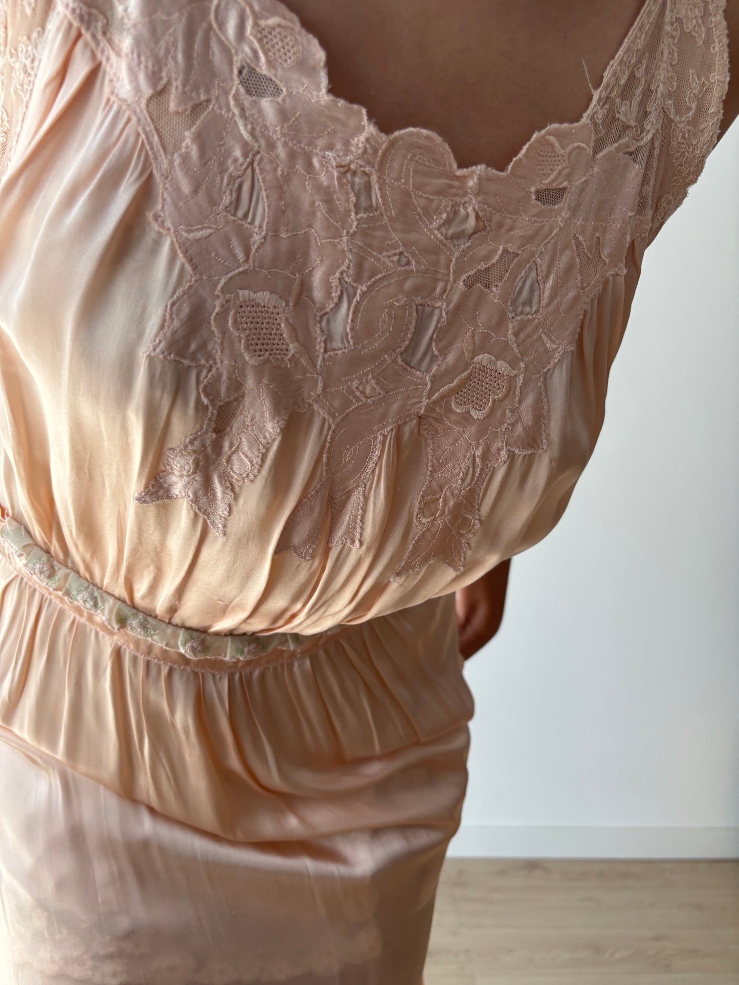 1940s pale pink liquid pure silk satin straight cut nightgown maxi lingerie dress