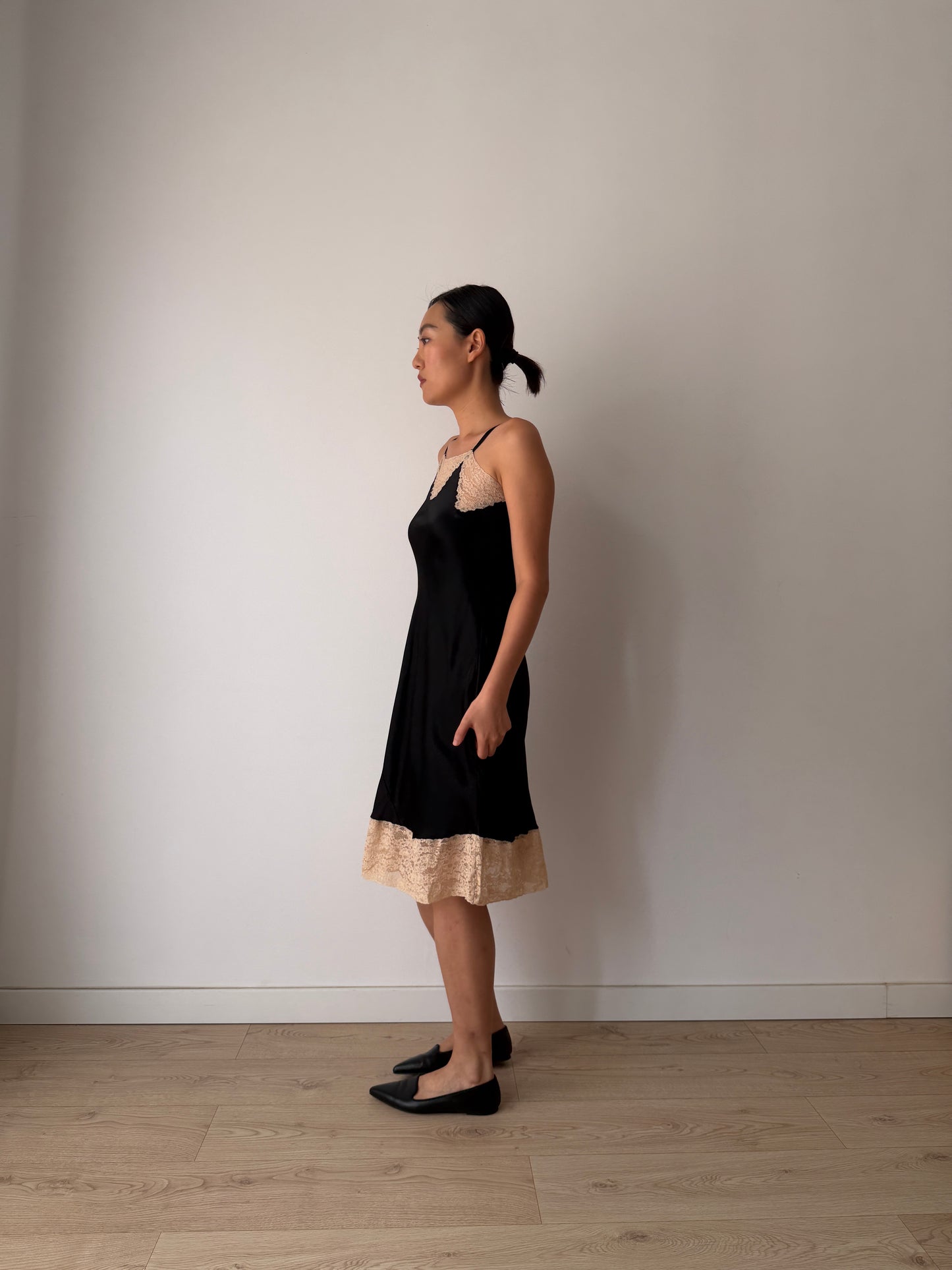 1930s Black Silk In Satin Lace Slip Dress, Vintage Mini Lingerie