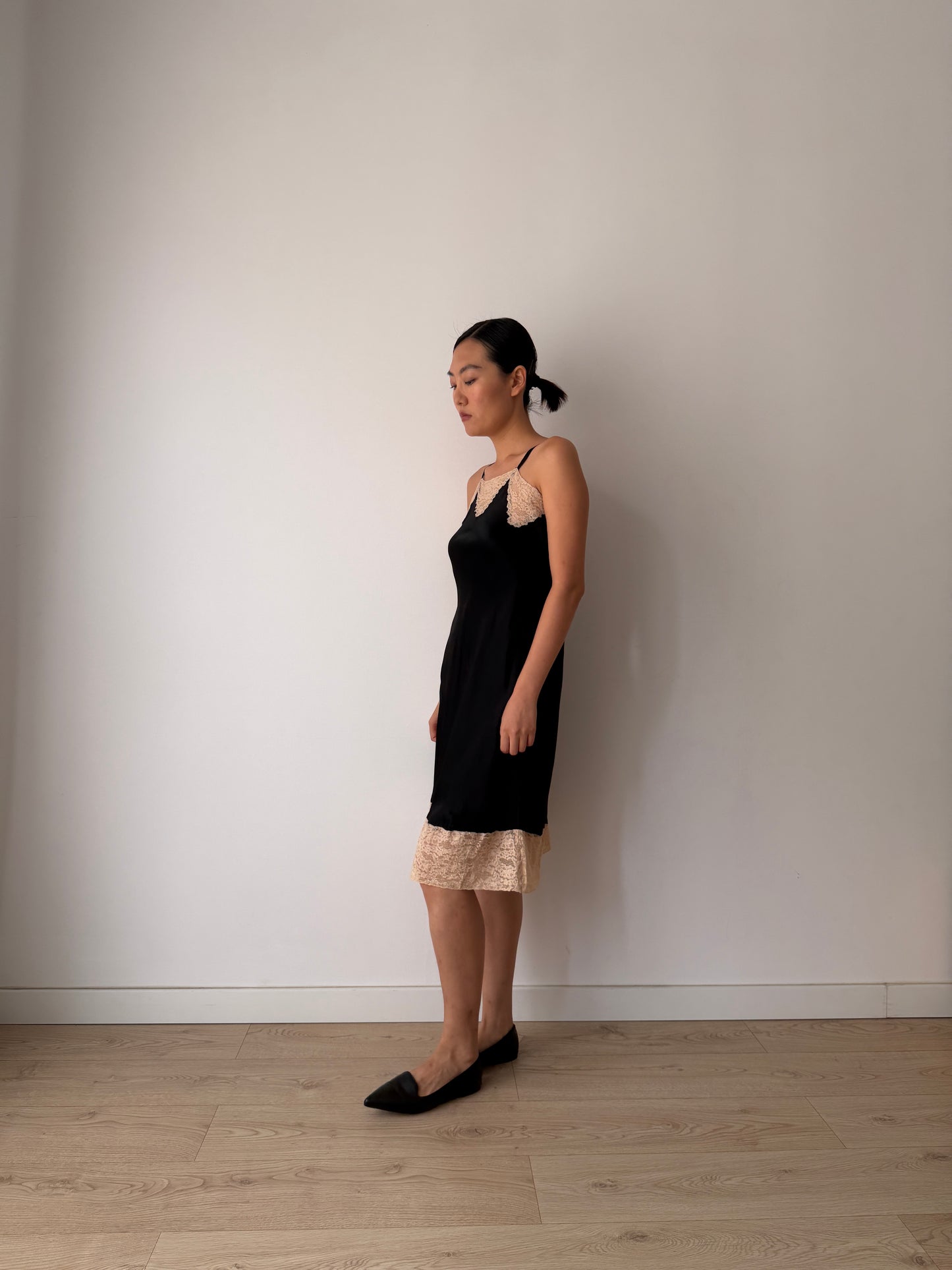1930s Black Silk In Satin Lace Slip Dress, Vintage Mini Lingerie