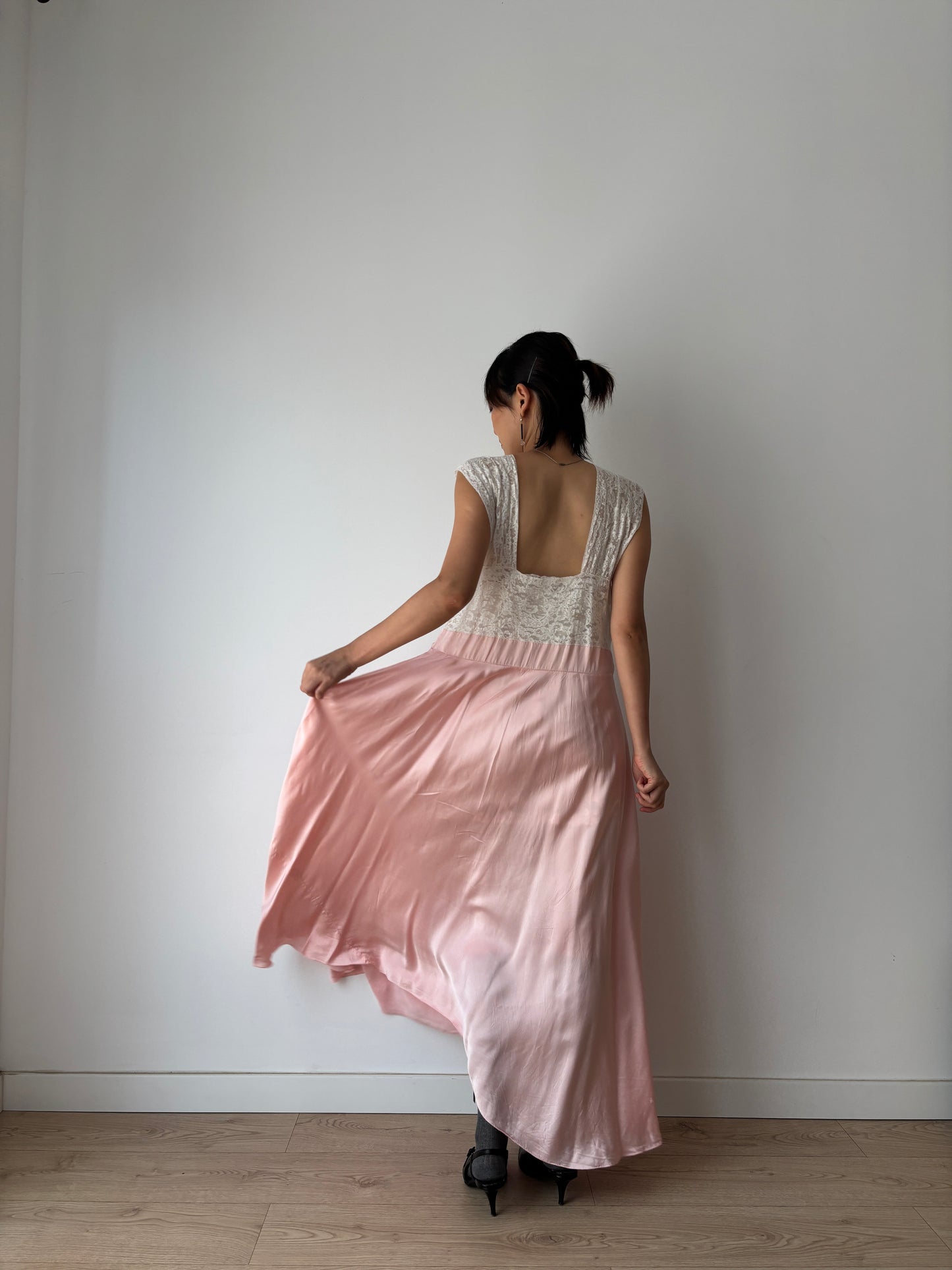 1940s Pink Silk Satin Bias Cut Bow Floral Lace Embroidered Maxi Dress