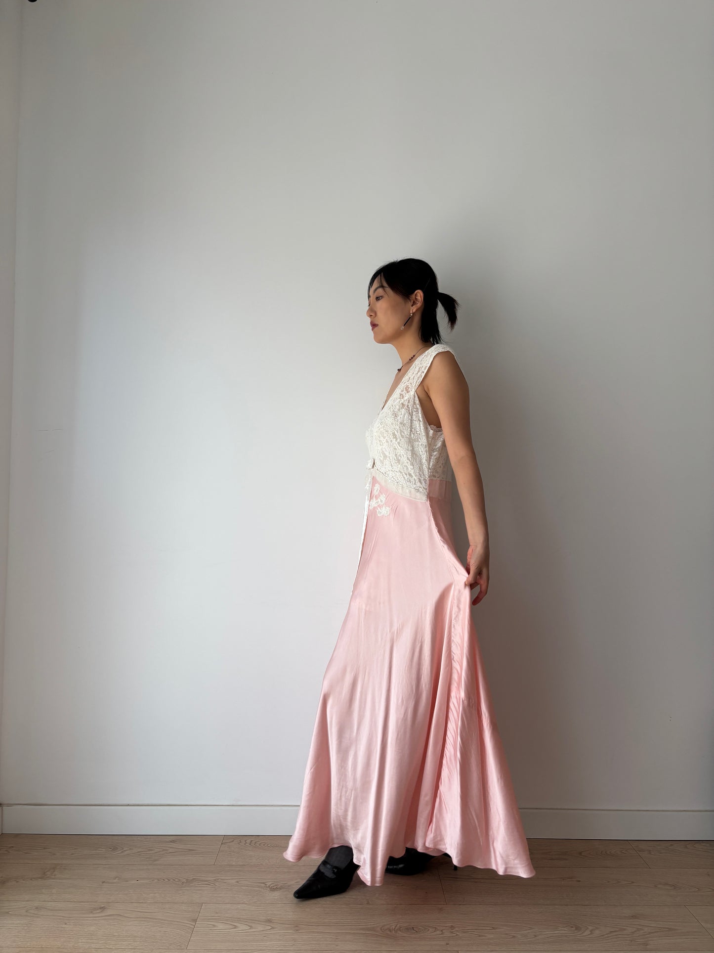 1940s Pink Silk Satin Bias Cut Bow Floral Lace Embroidered Maxi Dress