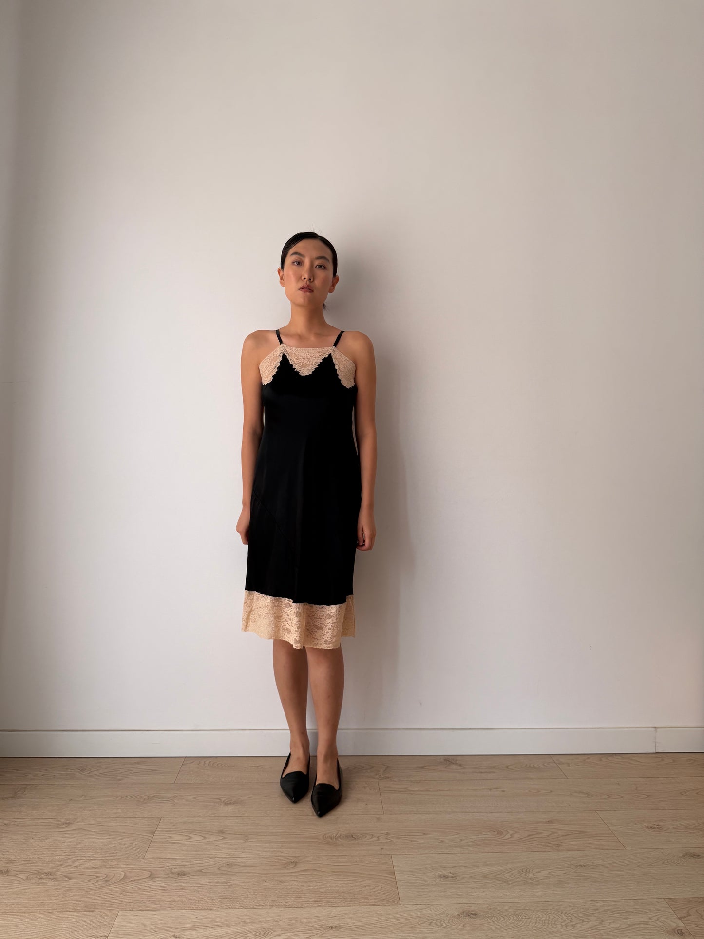 1930s Black Silk In Satin Lace Slip Dress, Vintage Mini Lingerie