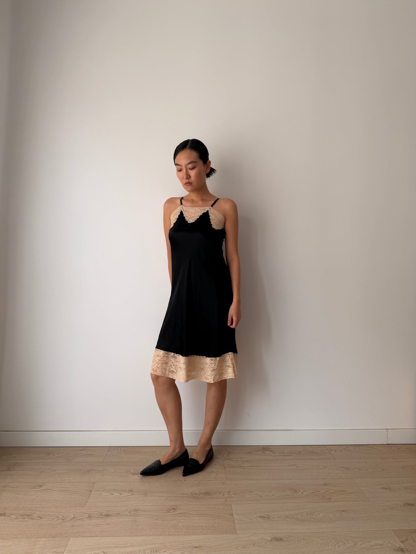 1930s Black Silk In Satin Lace Slip Dress, Vintage Mini Lingerie