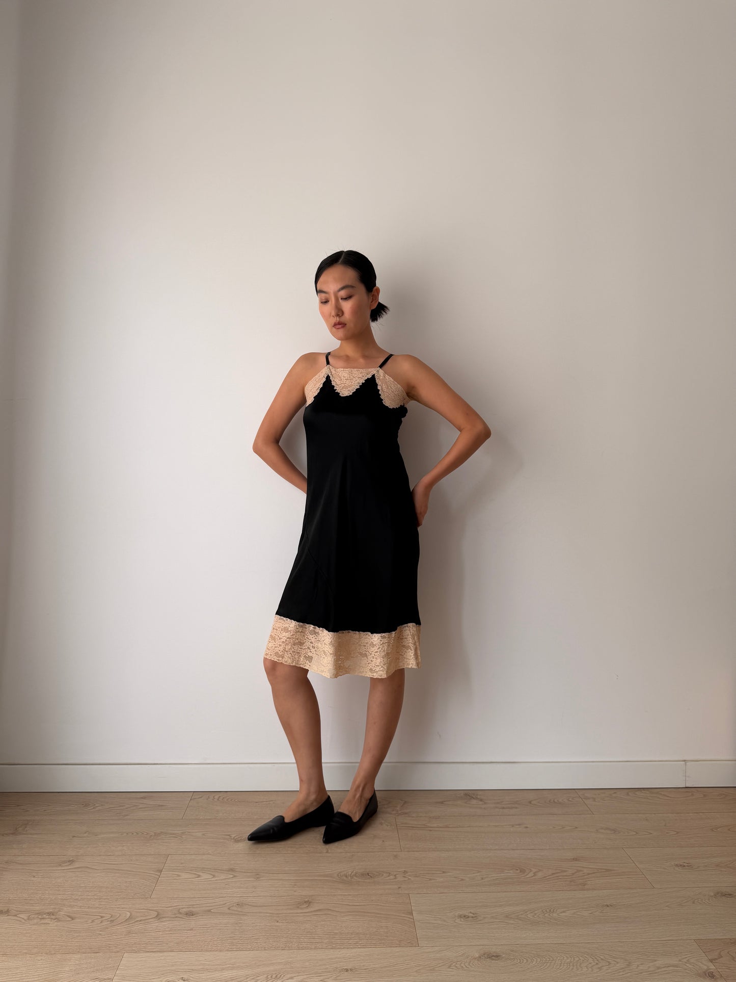 1930s Black Silk In Satin Lace Slip Dress, Vintage Mini Lingerie
