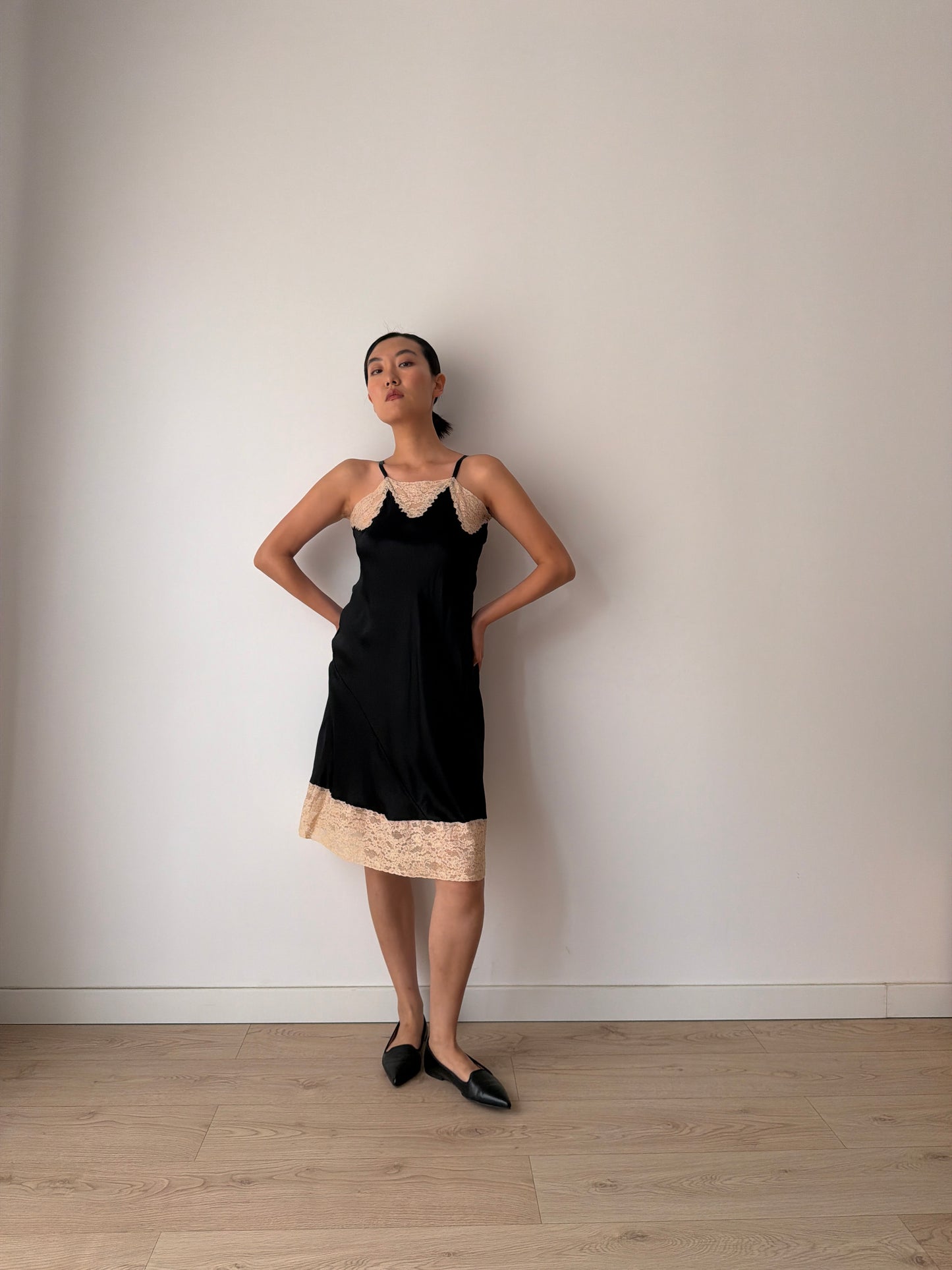 1930s Black Silk In Satin Lace Slip Dress, Vintage Mini Lingerie