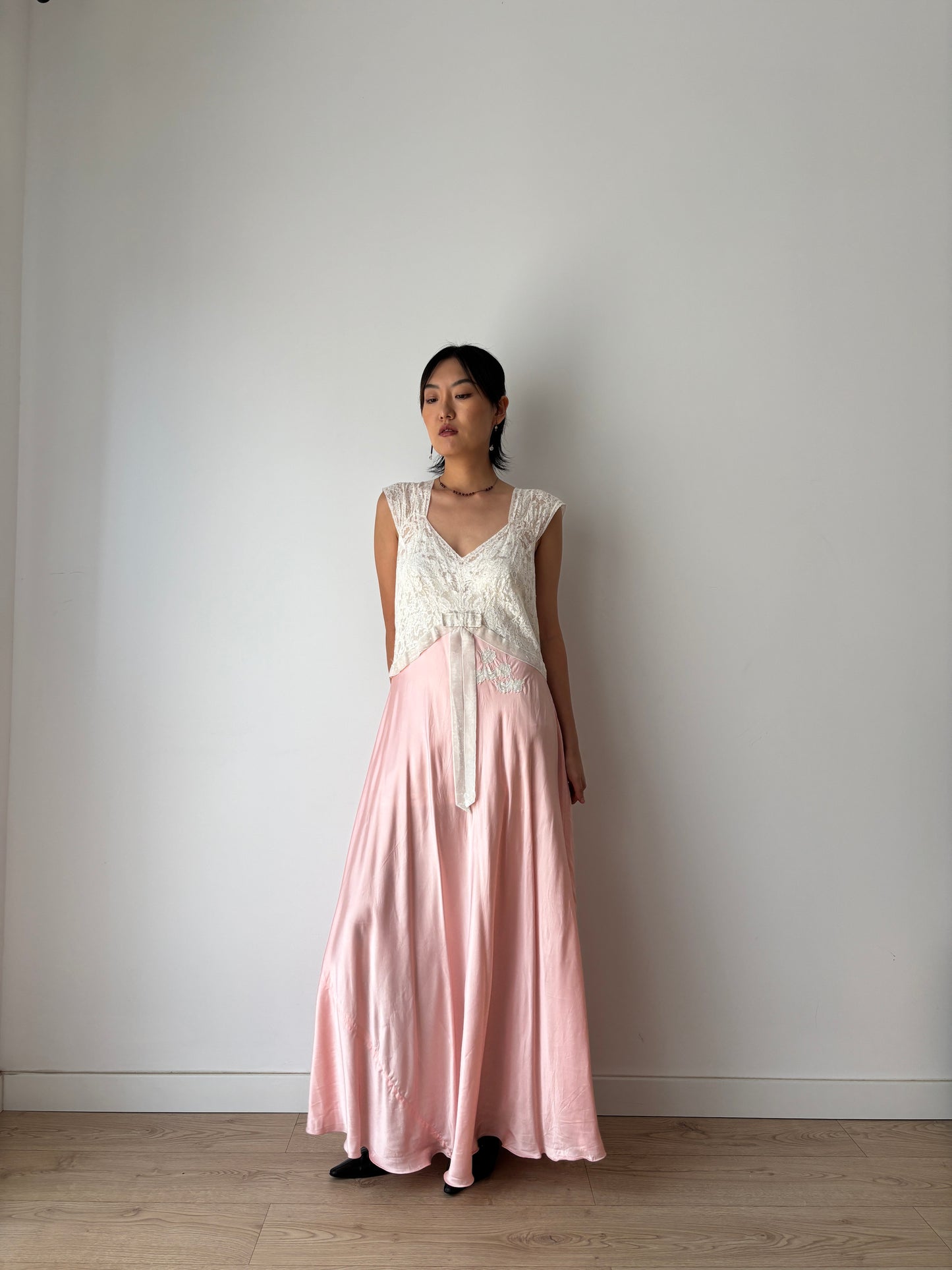 1940s Pink Silk Satin Bias Cut Bow Floral Lace Embroidered Maxi Dress