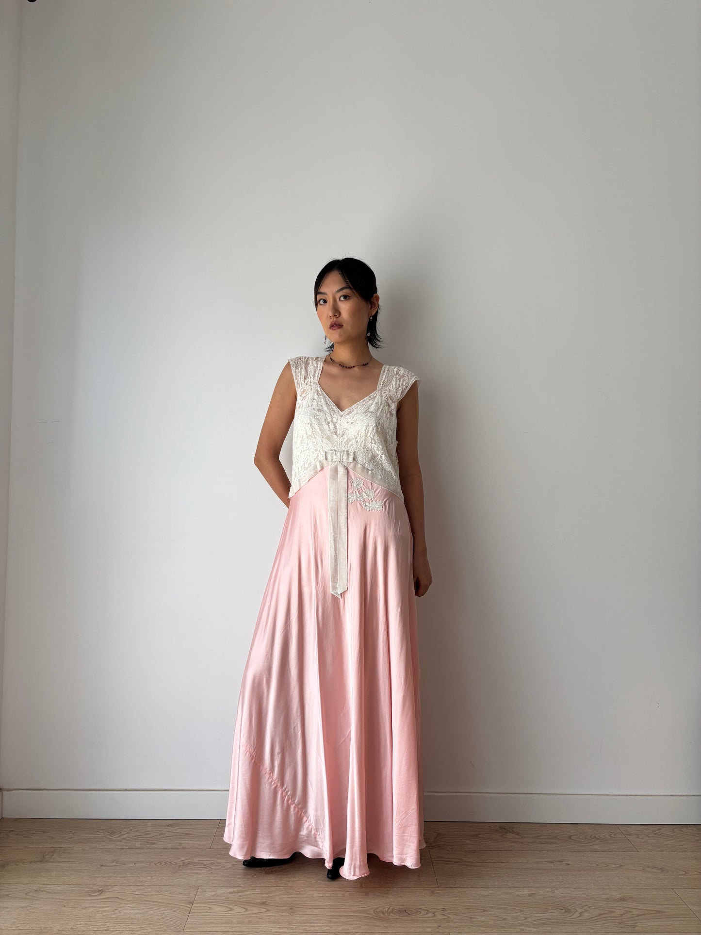 1940s Pink Silk Satin Bias Cut Bow Floral Lace Embroidered Maxi Dress