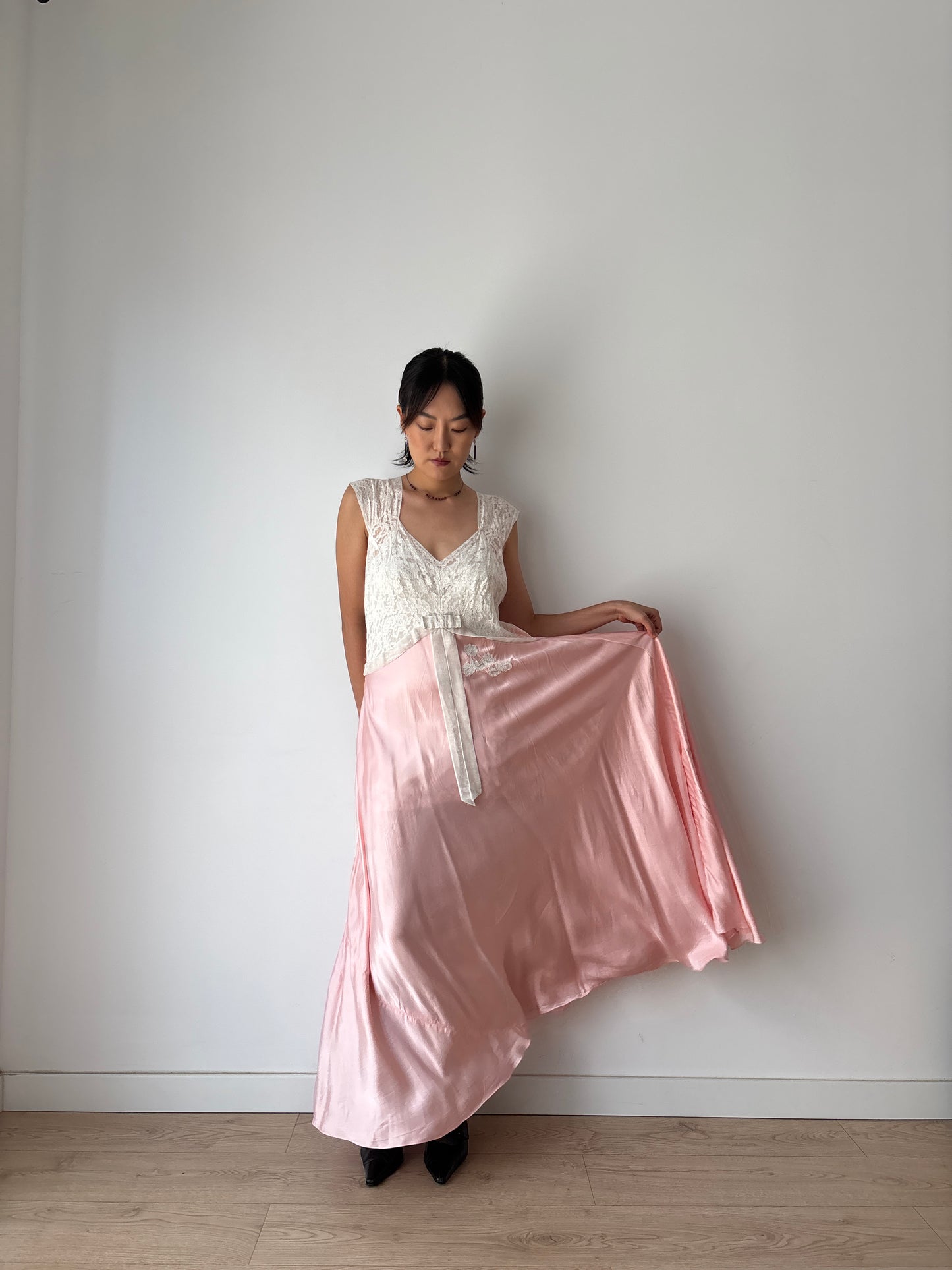 1940s Pink Silk Satin Bias Cut Bow Floral Lace Embroidered Maxi Dress