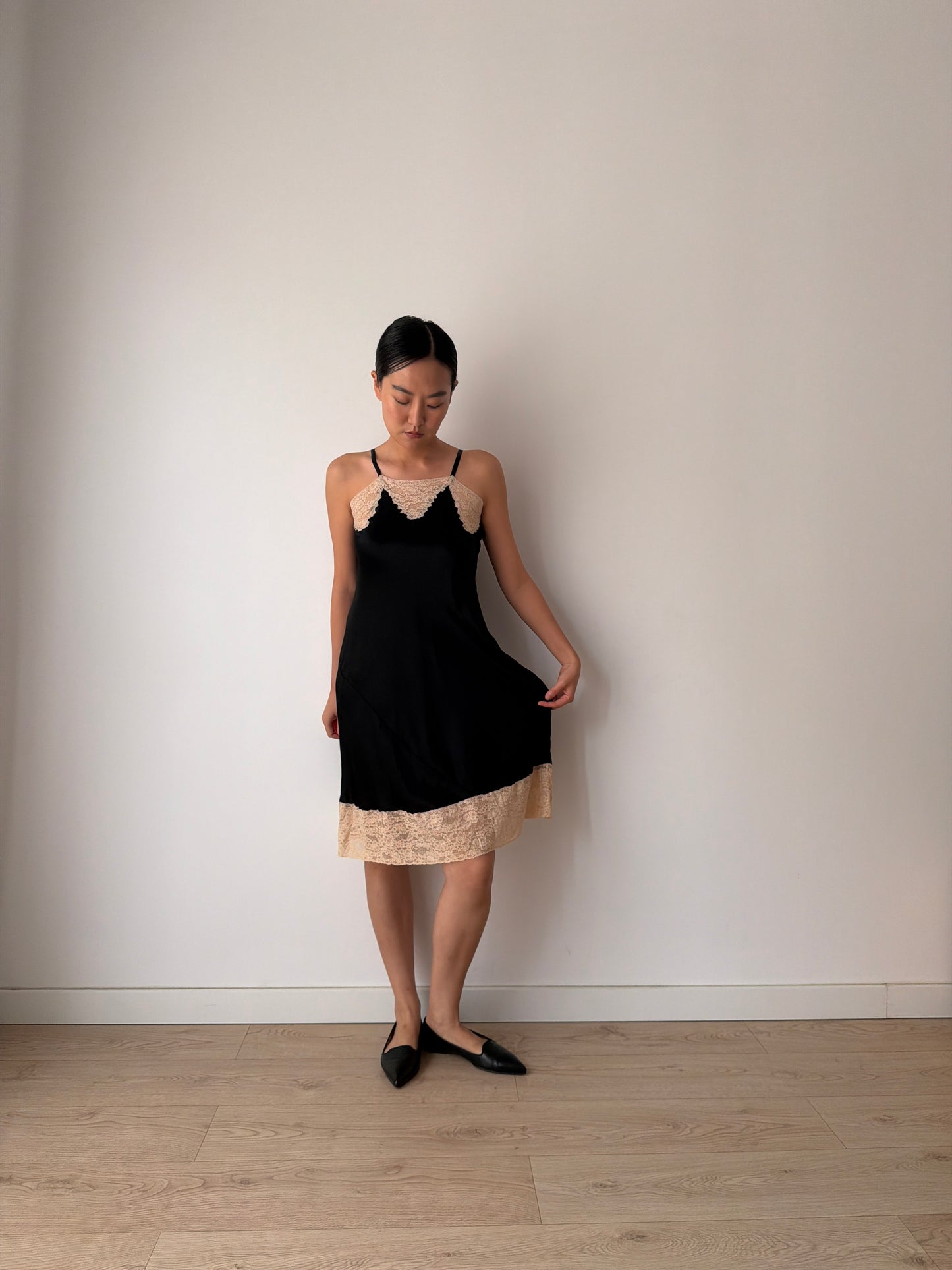 1930s Black Silk In Satin Lace Slip Dress, Vintage Mini Lingerie