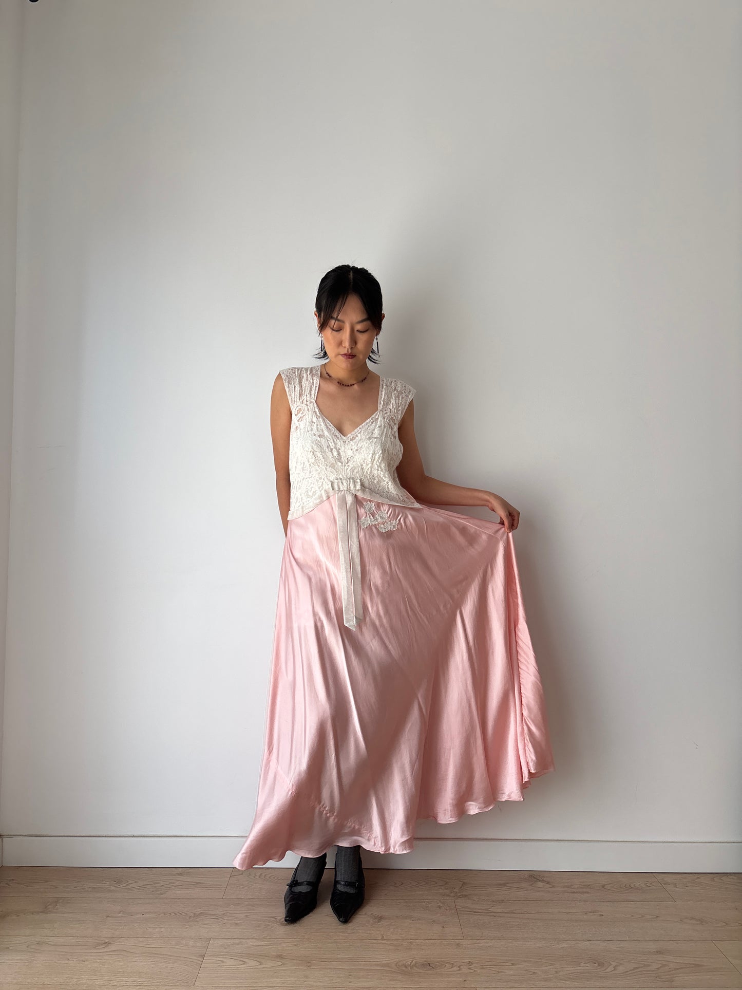 1940s Pink Silk Satin Bias Cut Bow Floral Lace Embroidered Maxi Dress