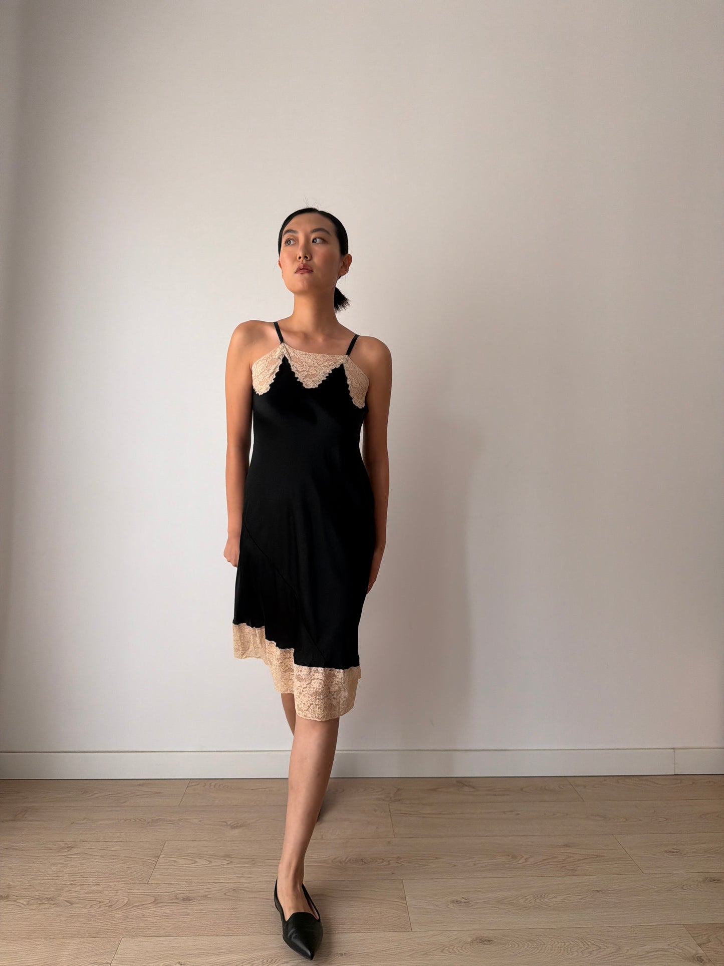 1930s Black Silk In Satin Lace Slip Dress, Vintage Mini Lingerie