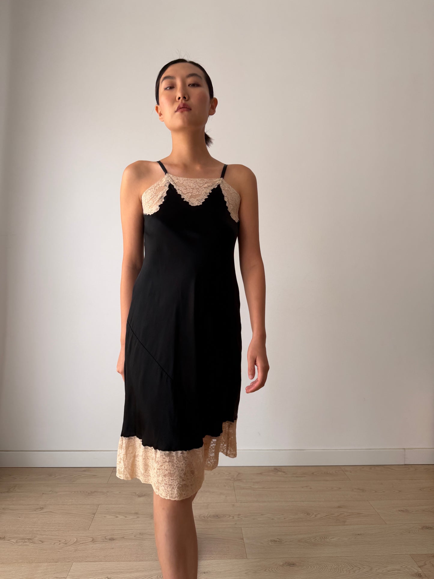 1930s Black Silk In Satin Lace Slip Dress, Vintage Mini Lingerie