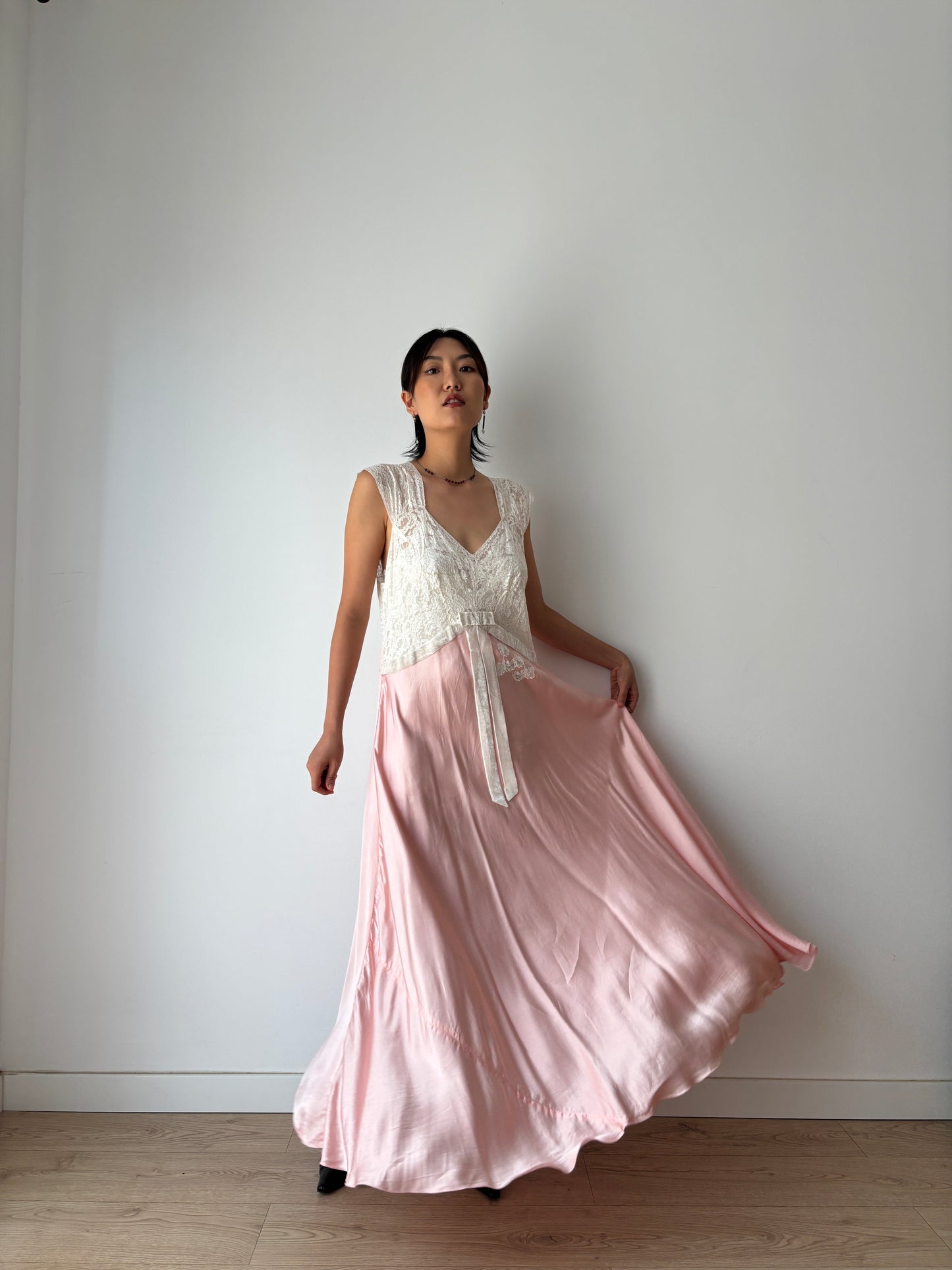 1940s Pink Silk Satin Bias Cut Bow Floral Lace Embroidered Maxi Dress