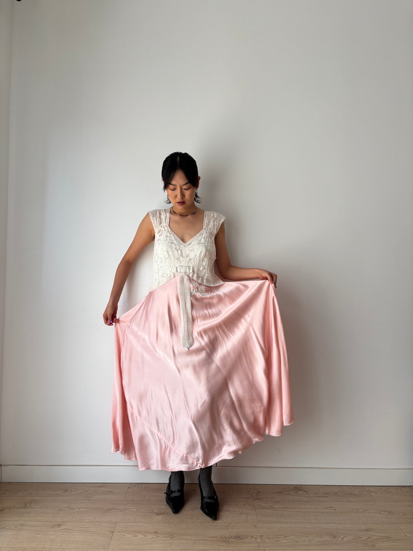 1940s Pink Silk Satin Bias Cut Bow Floral Lace Embroidered Maxi Dress