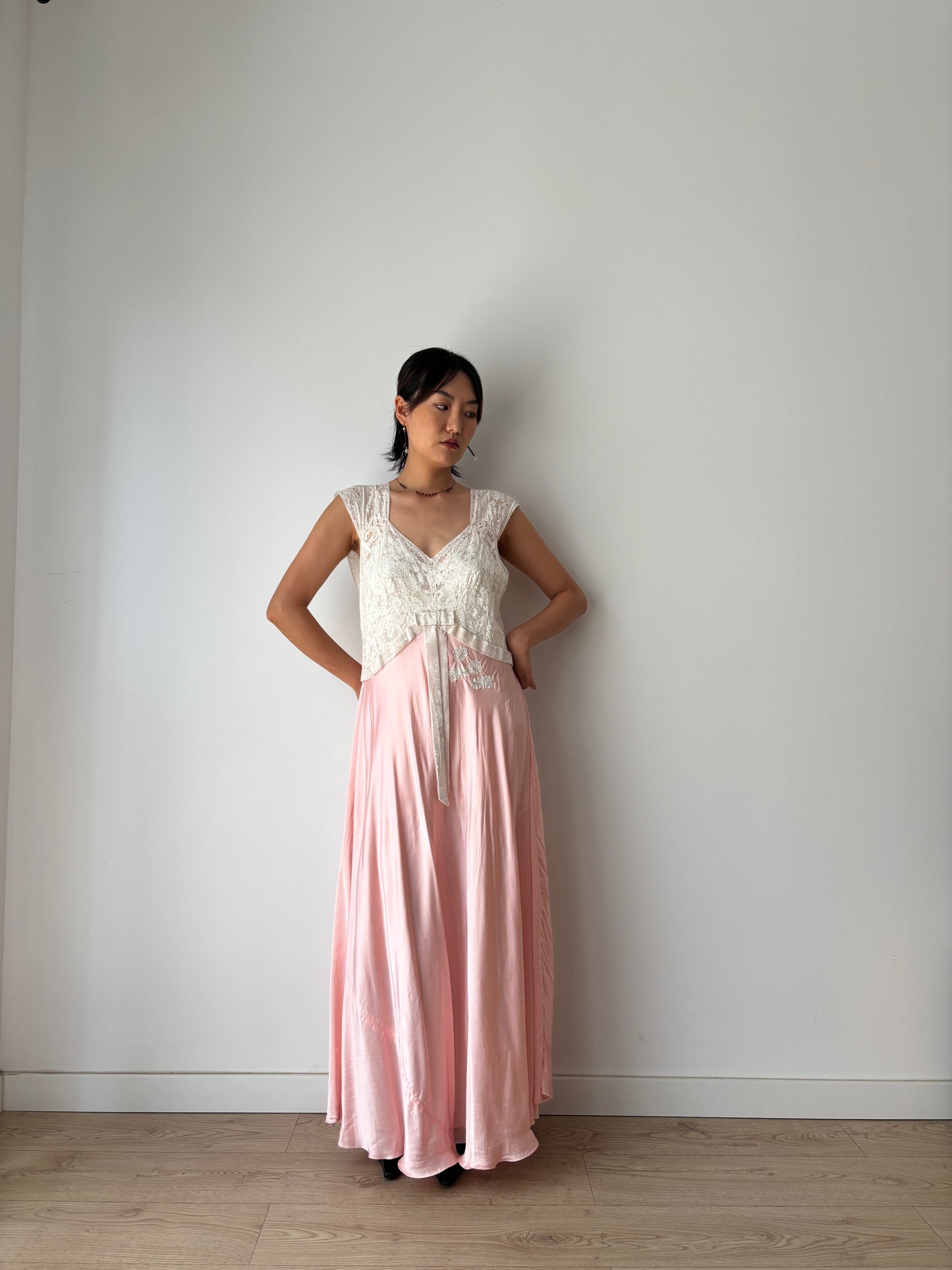 1940s Pink Silk Satin Bias Cut Bow Floral Lace Embroidered Maxi Dress