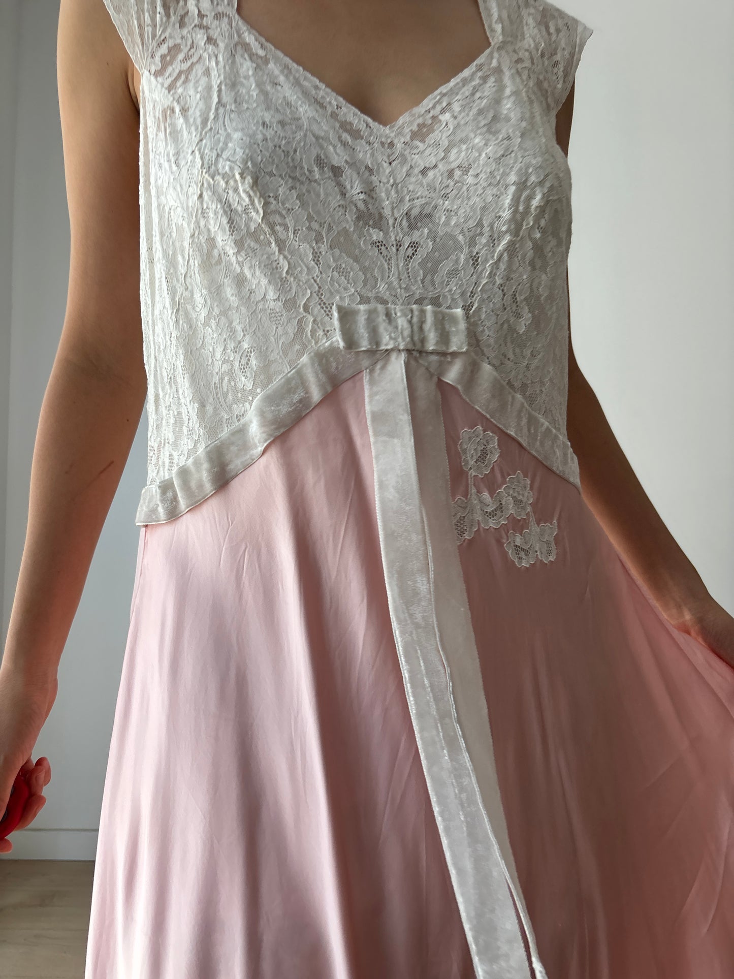 1940s Pink Silk Satin Bias Cut Bow Floral Lace Embroidered Maxi Dress