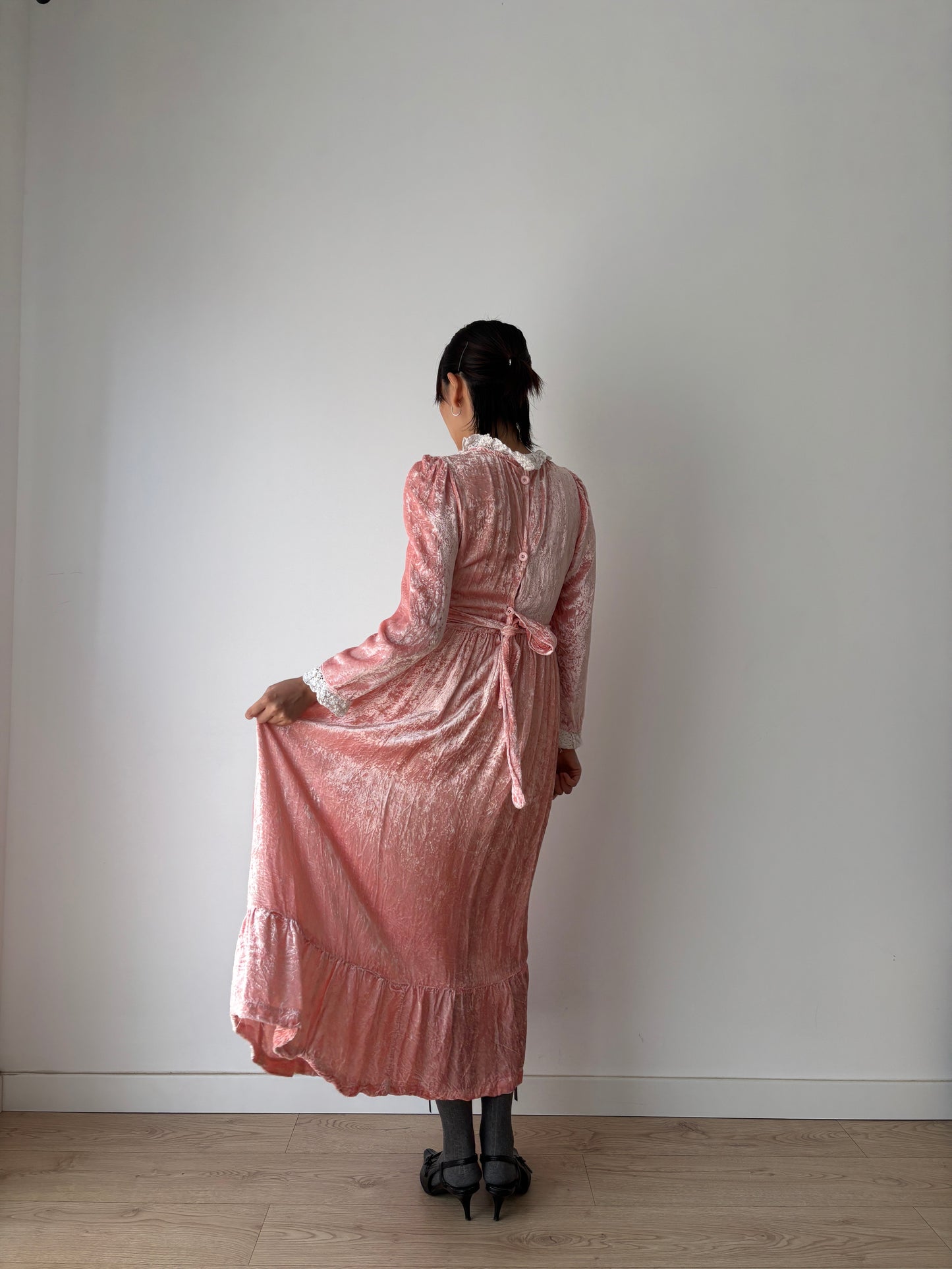 1940s Vintage Lace Velvet Pink Prom Formal Party Wedding Fairy Dress