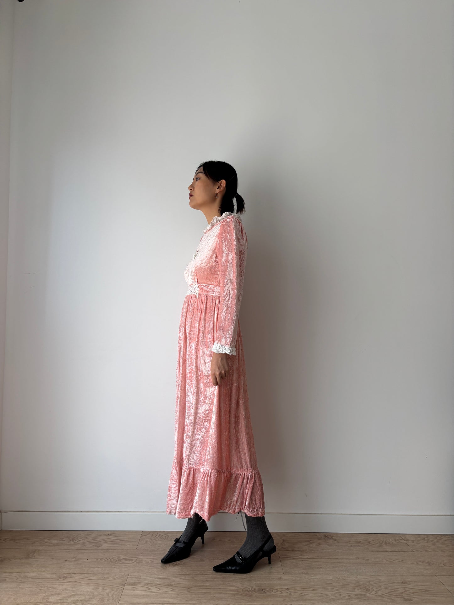 1940s Vintage Lace Velvet Pink Prom Formal Party Wedding Fairy Dress