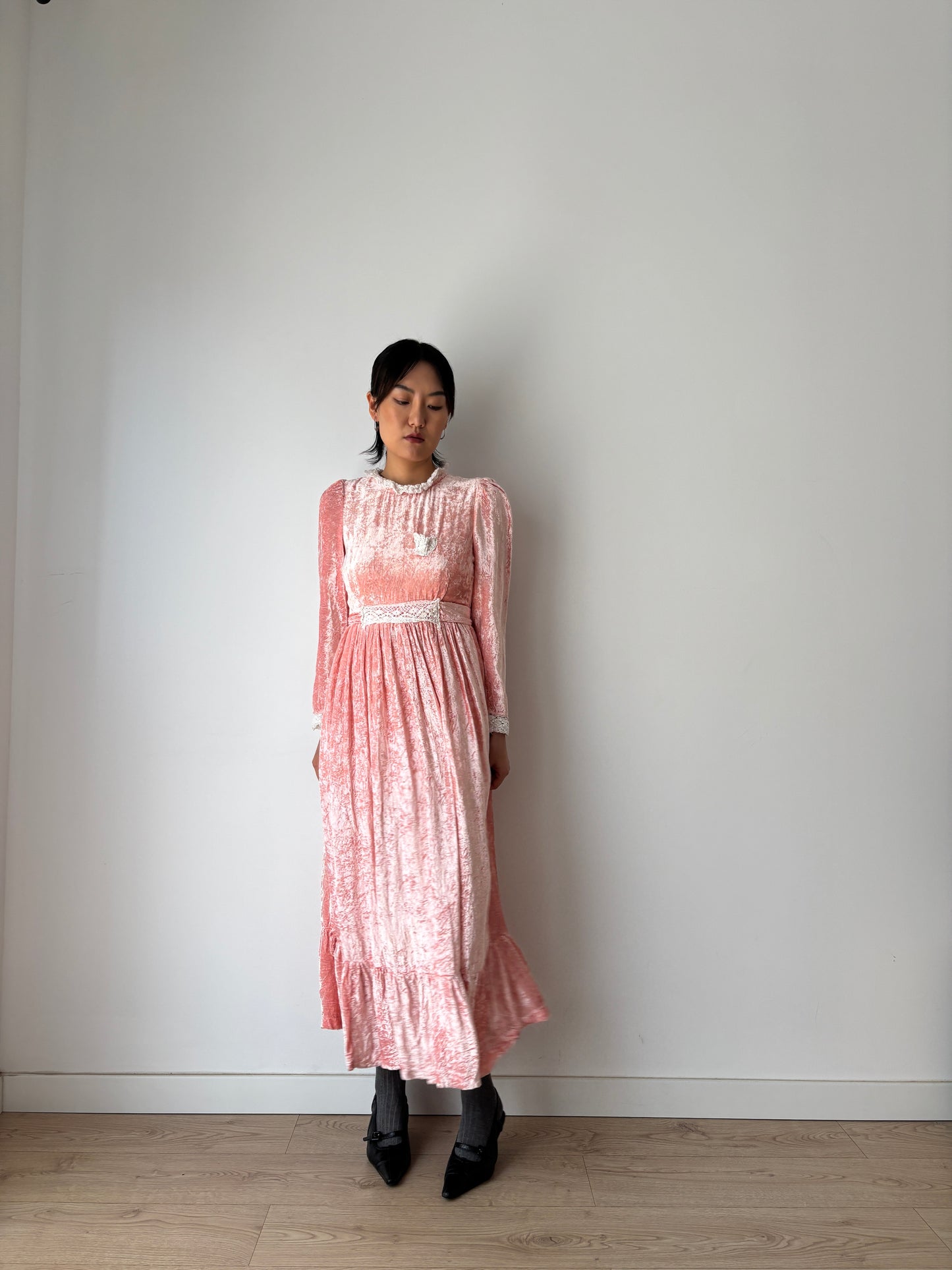 1940s Vintage Lace Velvet Pink Prom Formal Party Wedding Fairy Dress