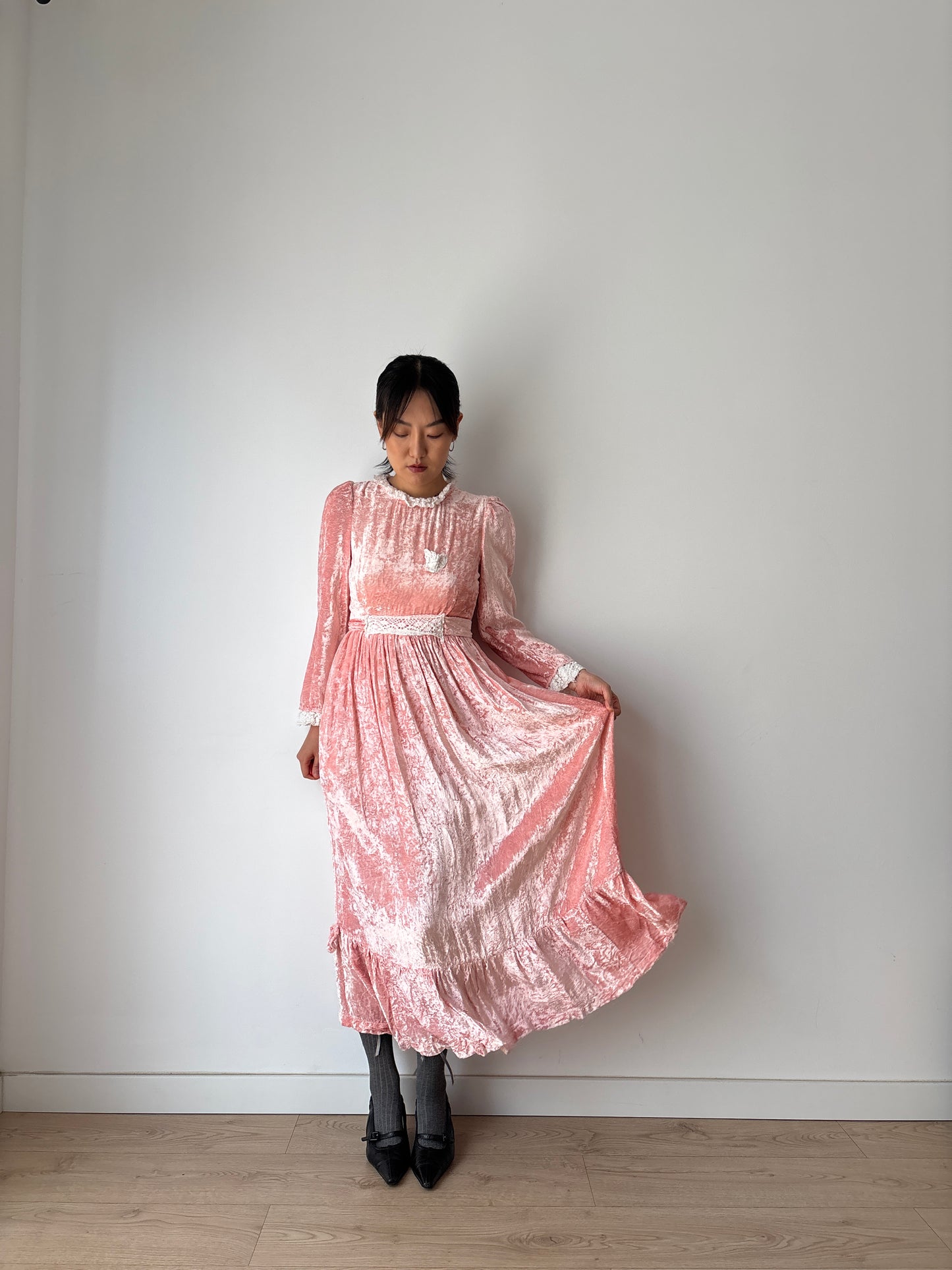 1940s Vintage Lace Velvet Pink Prom Formal Party Wedding Fairy Dress