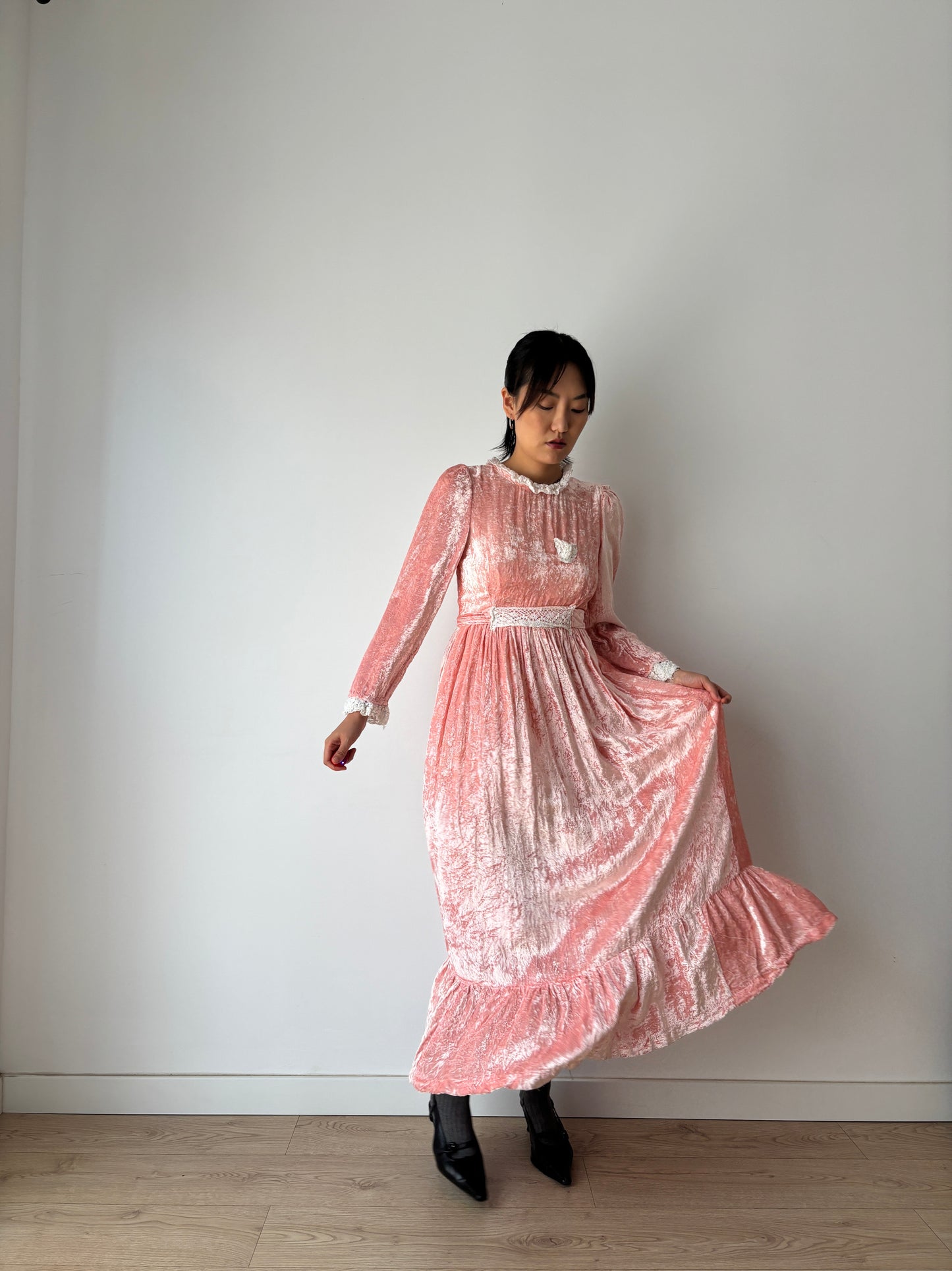 1940s Vintage Lace Velvet Pink Prom Formal Party Wedding Fairy Dress