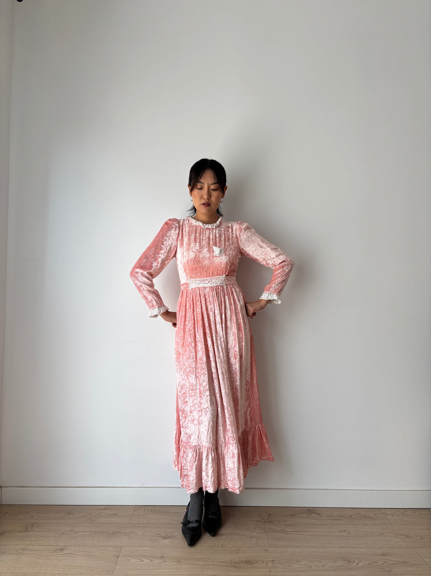 1940s Vintage Lace Velvet Pink Prom Formal Party Wedding Fairy Dress