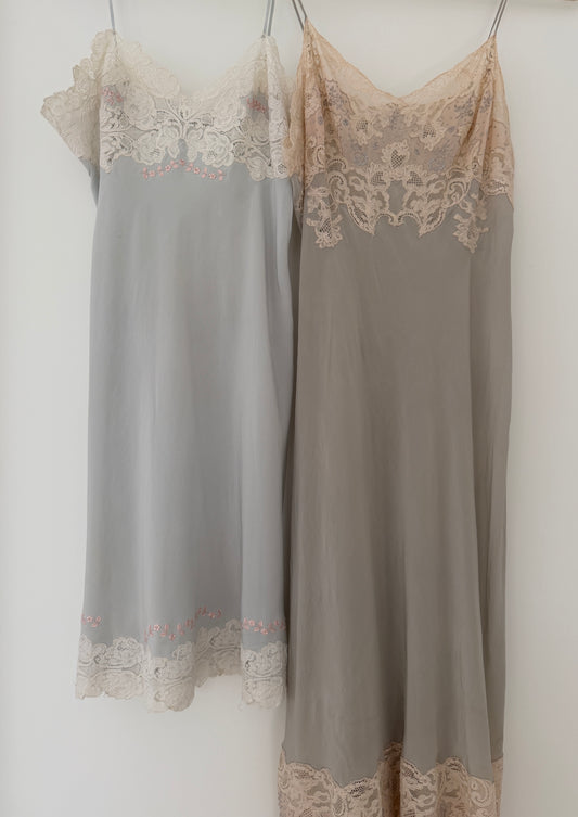 1930s Vintage Grey Blue pure Silk Slip, French Lace Embroidery Dress