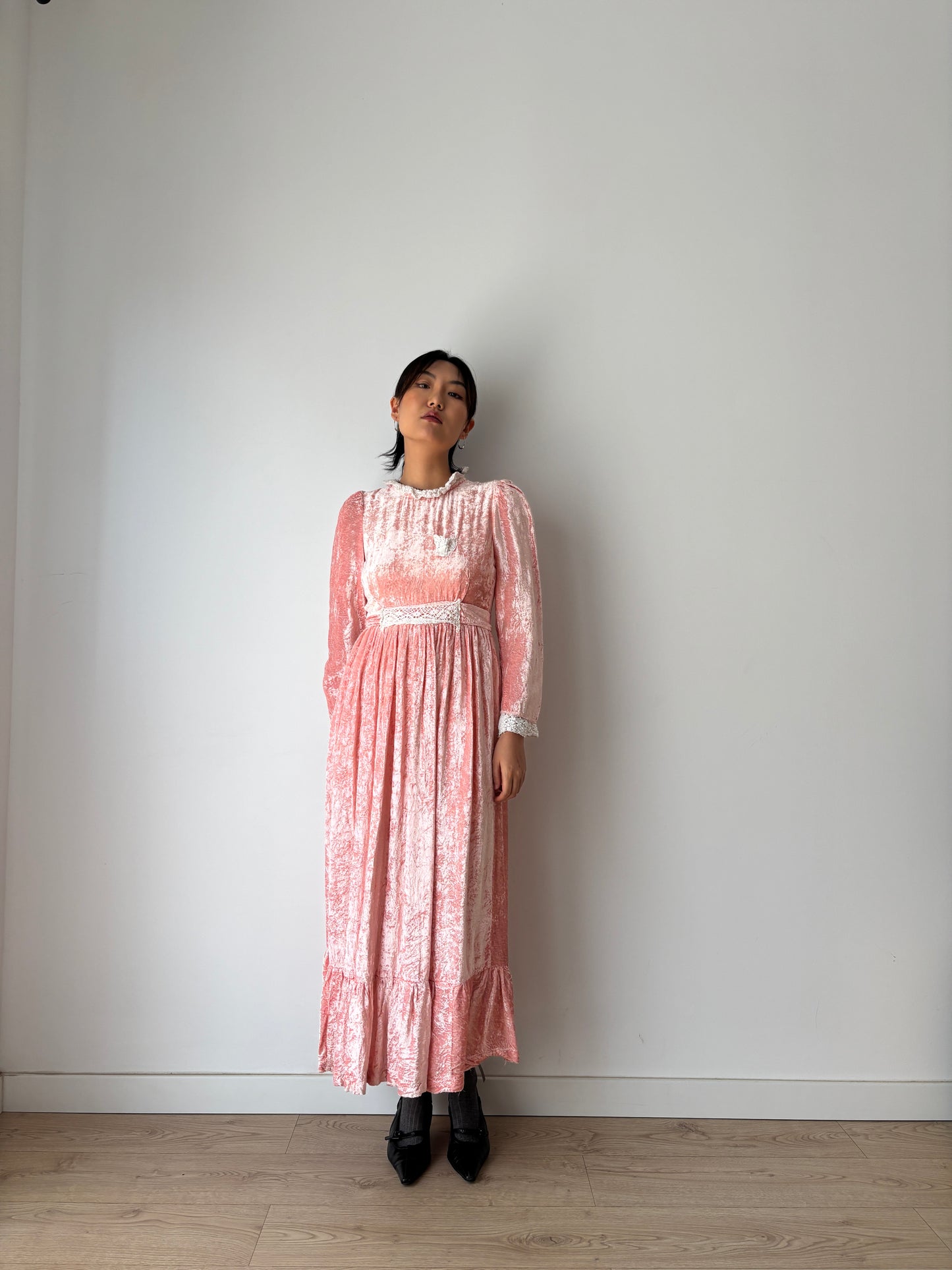 1940s Vintage Lace Velvet Pink Prom Formal Party Wedding Fairy Dress