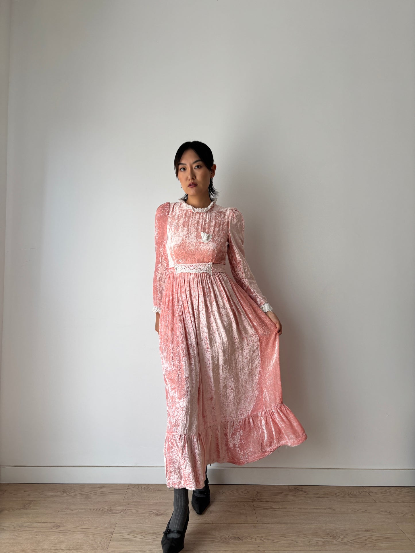 1940s Vintage Lace Velvet Pink Prom Formal Party Wedding Fairy Dress