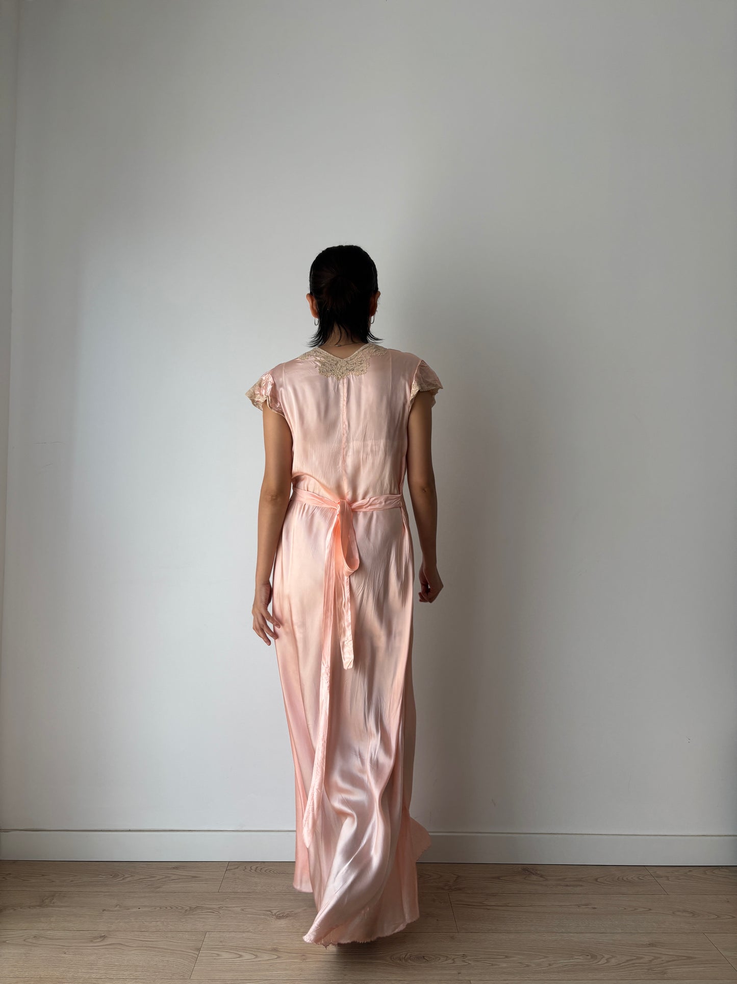 Rare 1930s 1940s Butterfly Sleeve Bias Cut Ruffle Lace Pastel Pink Silk Satin Dress