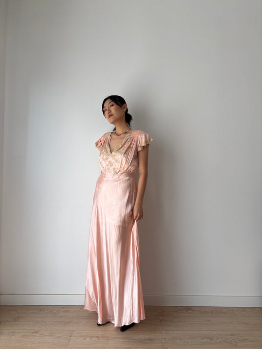 Rare 1930s 1940s Butterfly Sleeve Bias Cut Ruffle Lace Pastel Pink Silk Satin Dress