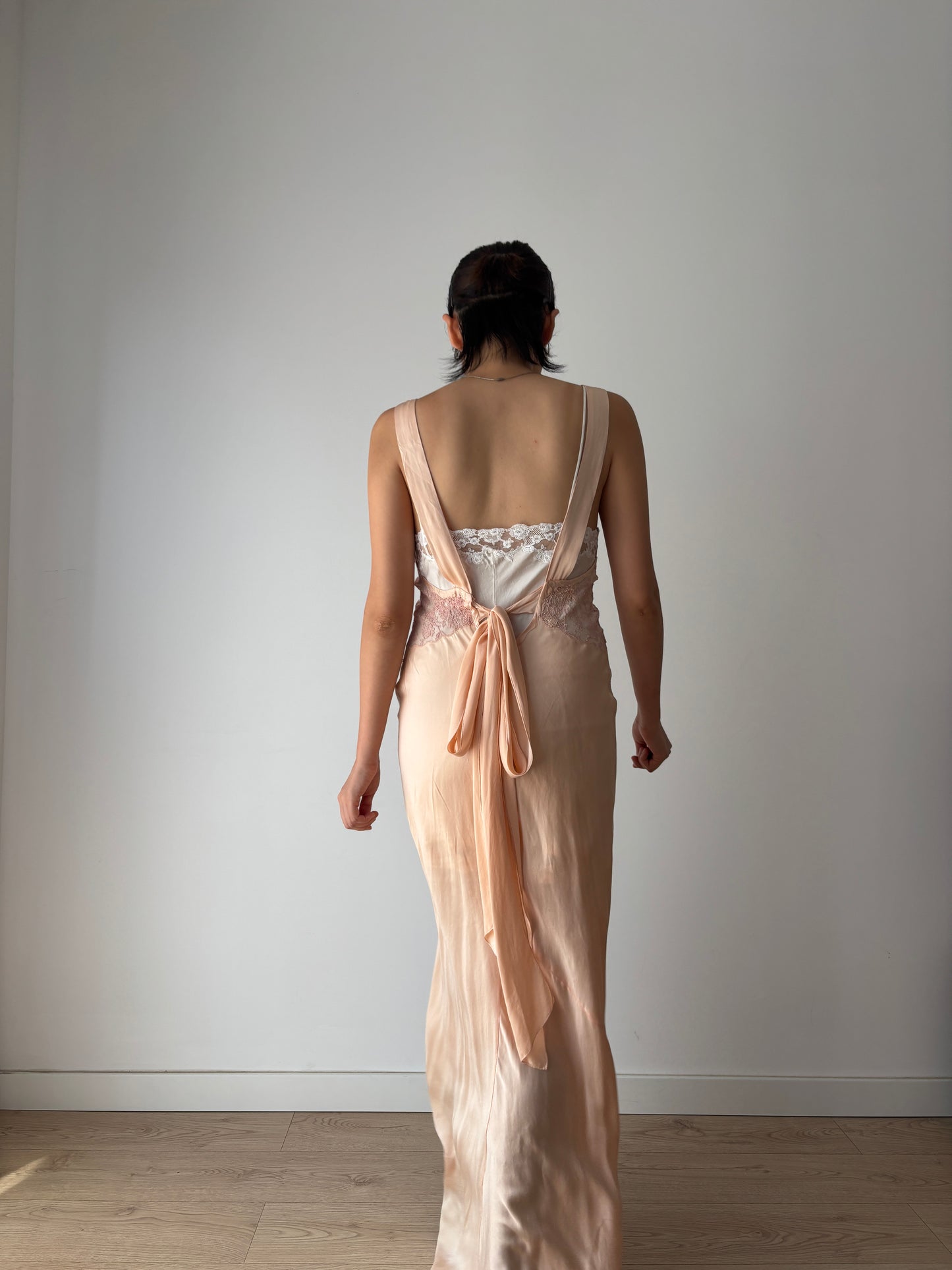 1920s Pesch Pastel Pink Silk Bias Cut Pure Silk Lace Nightgown