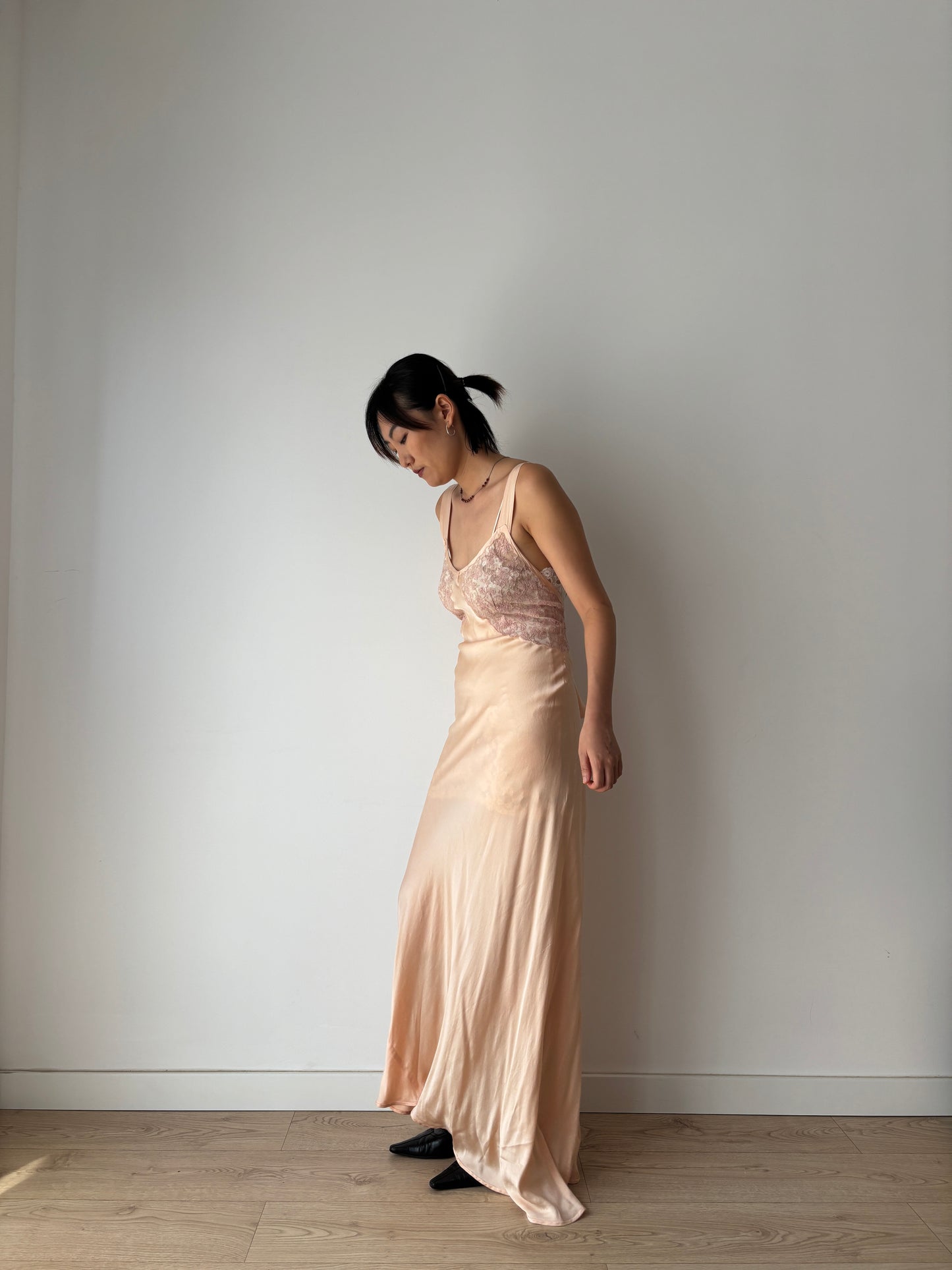 1920s Pesch Pastel Pink Silk Bias Cut Pure Silk Lace Nightgown