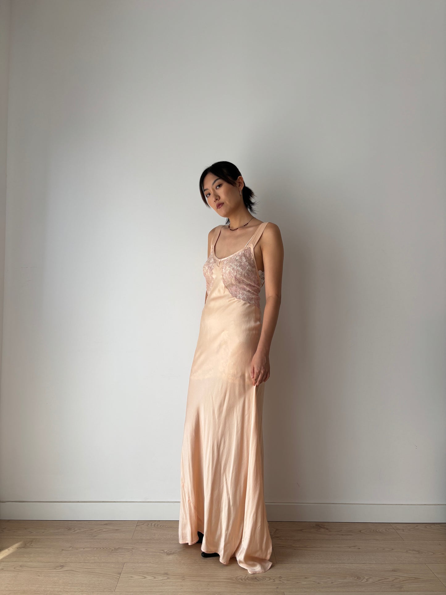 1920s Pesch Pastel Pink Silk Bias Cut Pure Silk Lace Nightgown