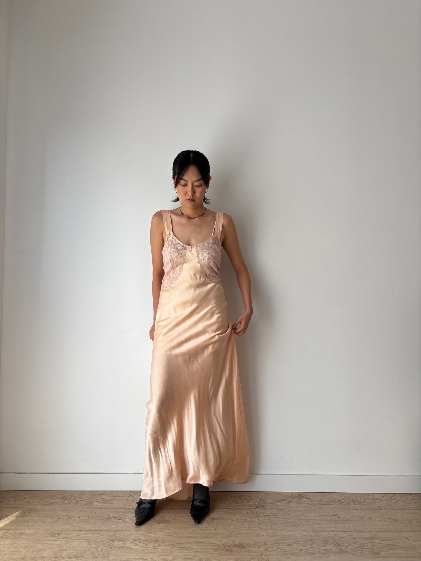 1920s Pesch Pastel Pink Silk Bias Cut Pure Silk Lace Nightgown